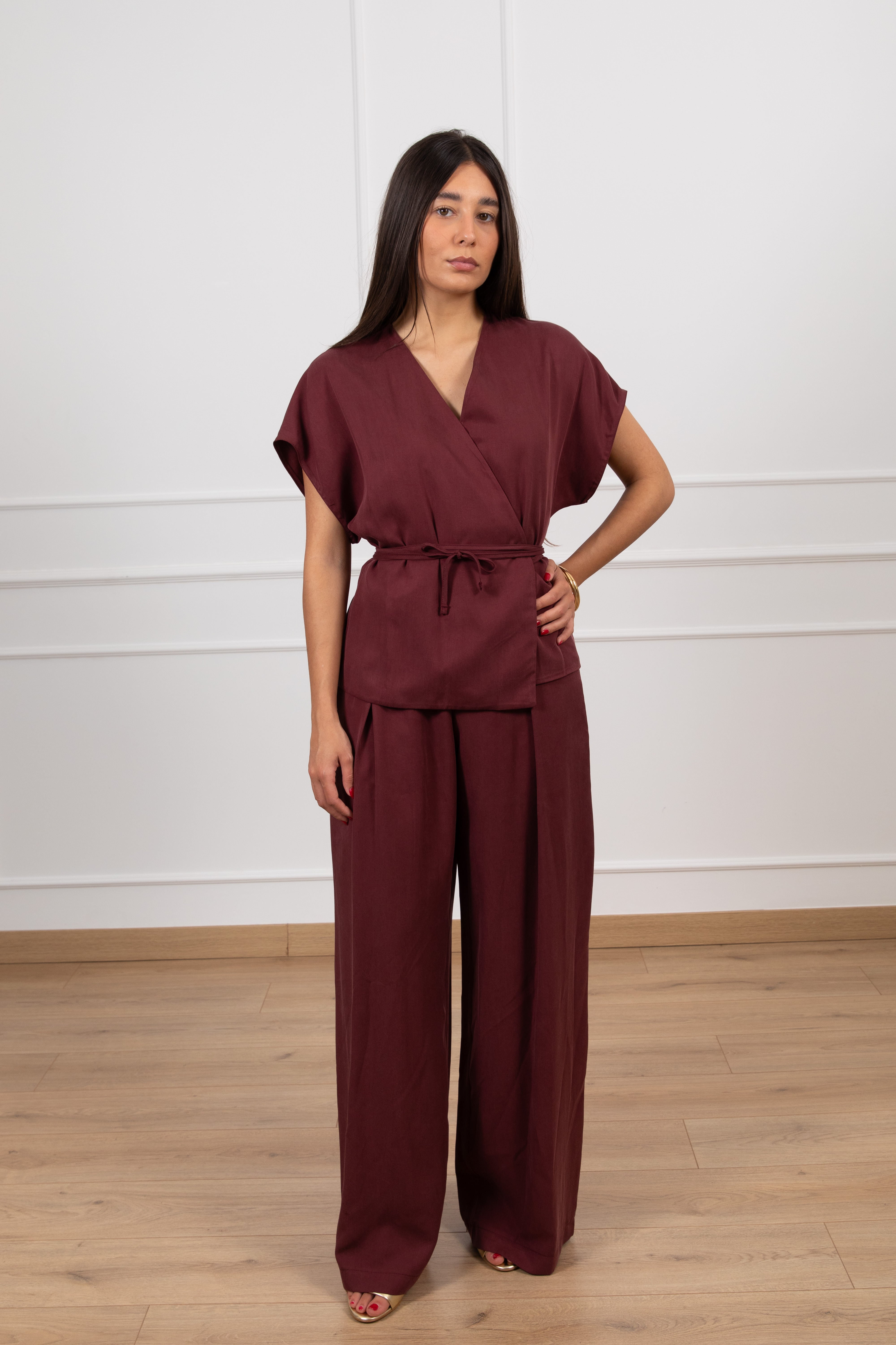 Coordinato blusa con incrocio e pantalone con elastico sul retro Susy Mix