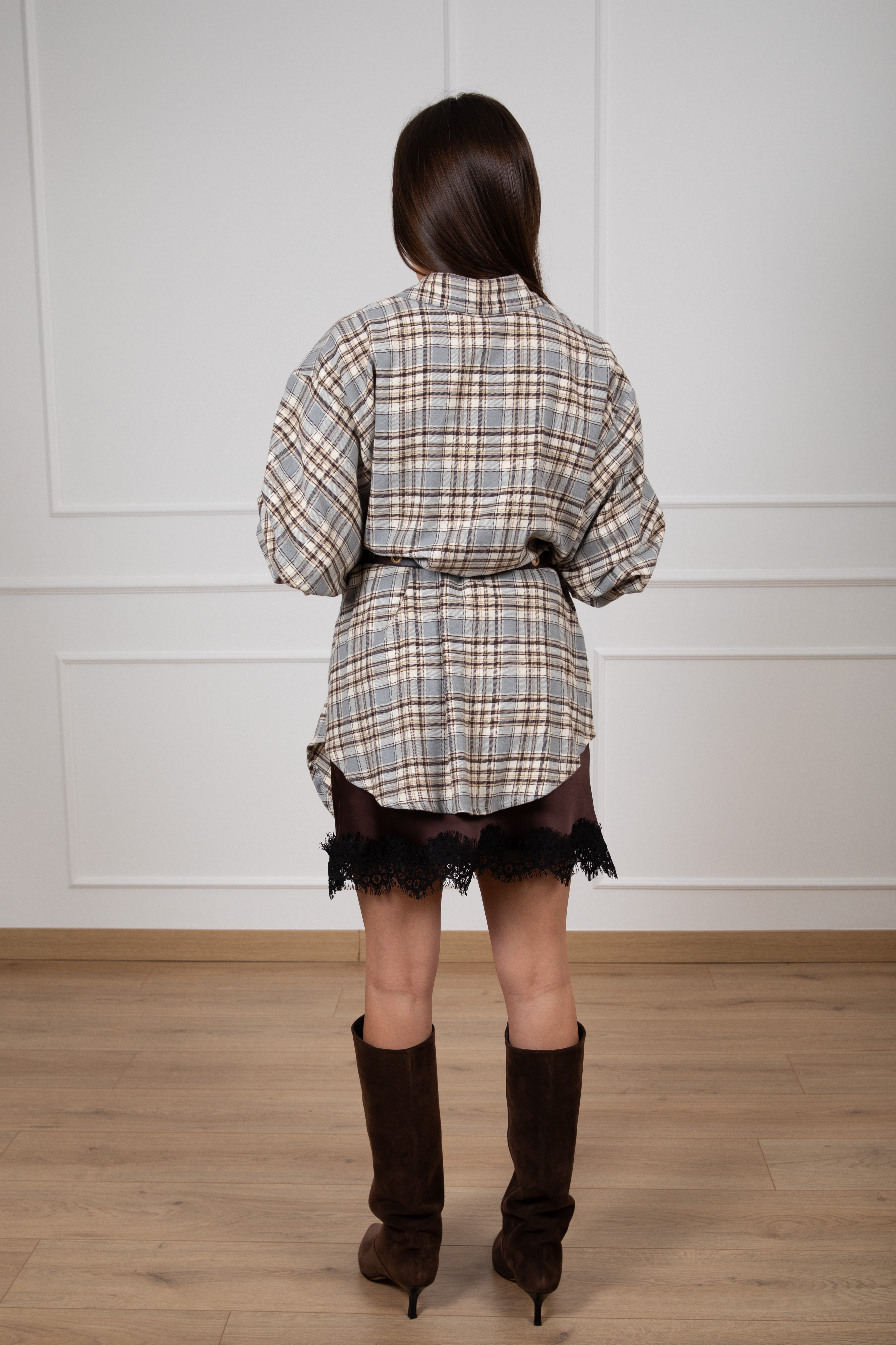 Abito-camicia check con inserti lingerie Tensione IN