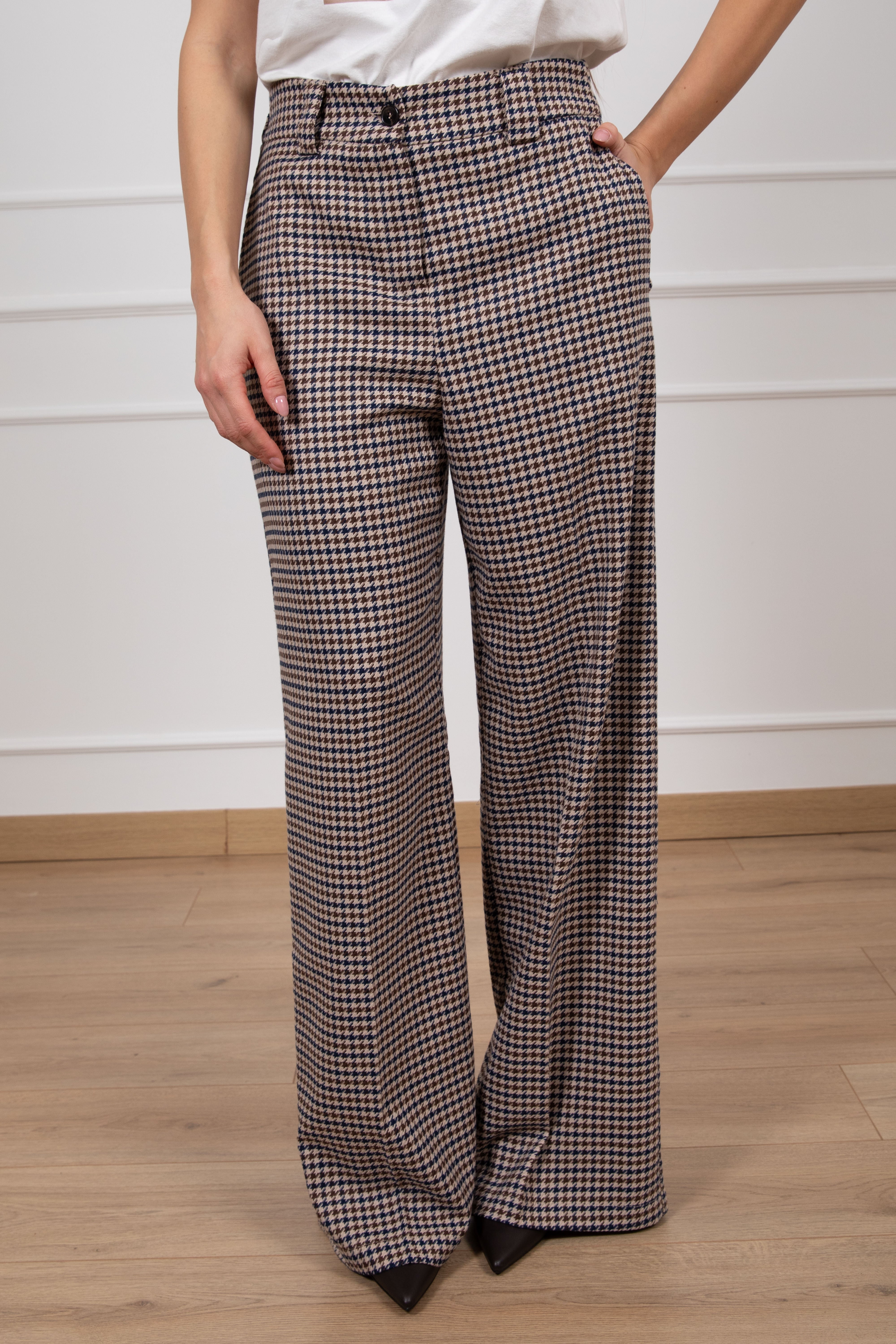 Pantalone gamba dritta pied de poule blu con elastico Tensione IN