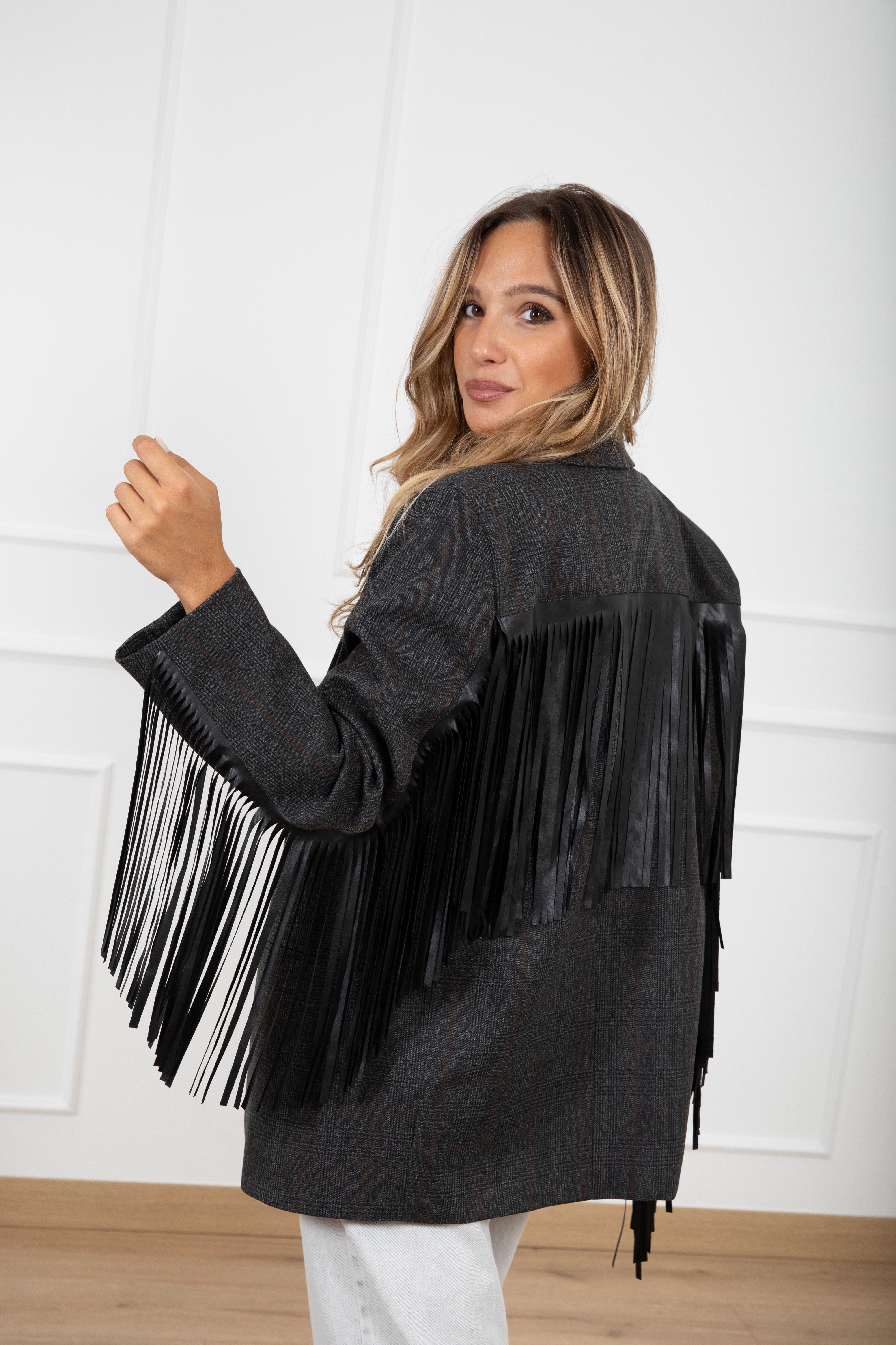 Giacca over-size principe di galles con frange eco-pelle ViCOLO
