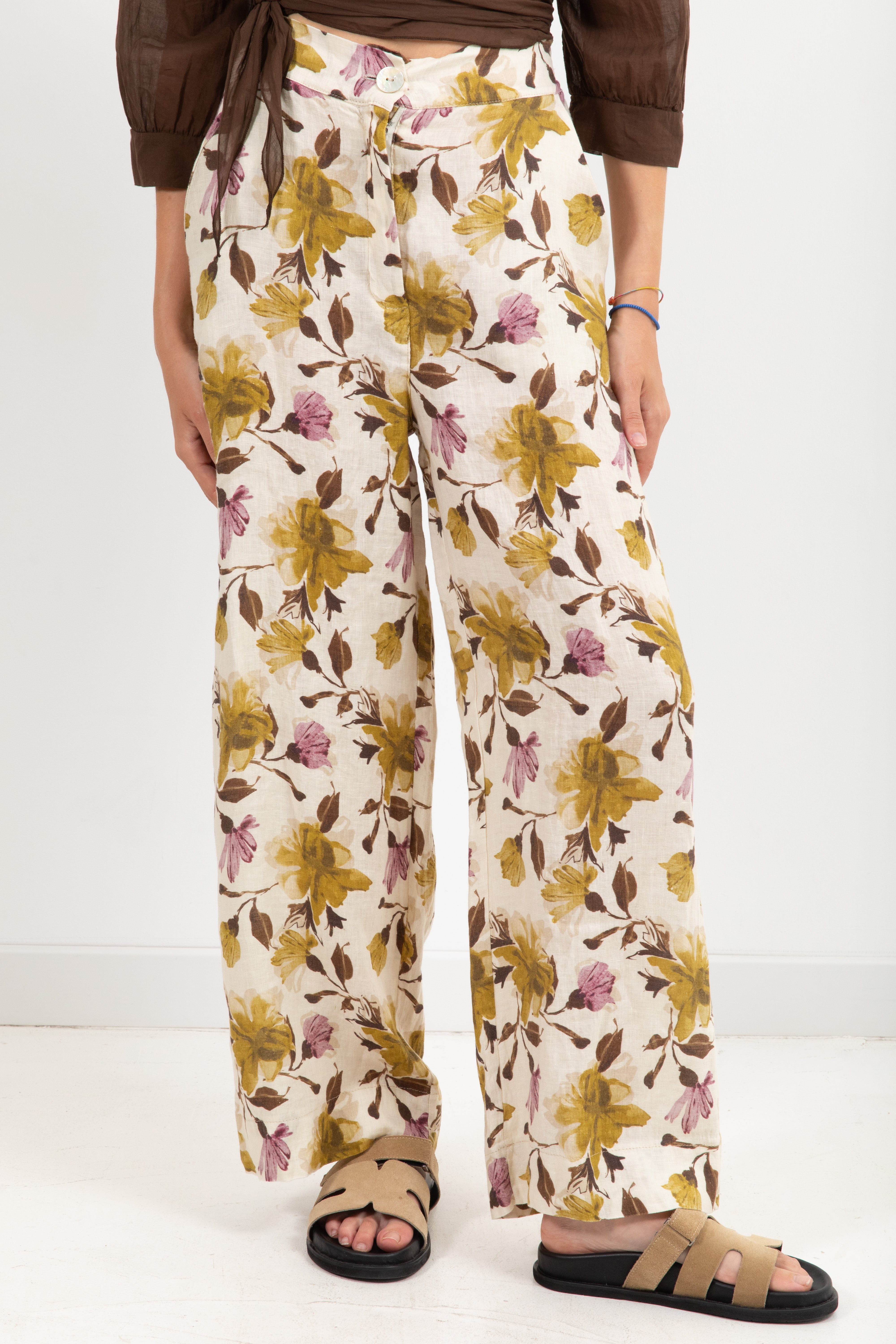 Pantalone gamba dritta fantasia flowers verde 100% lino Susy Mix