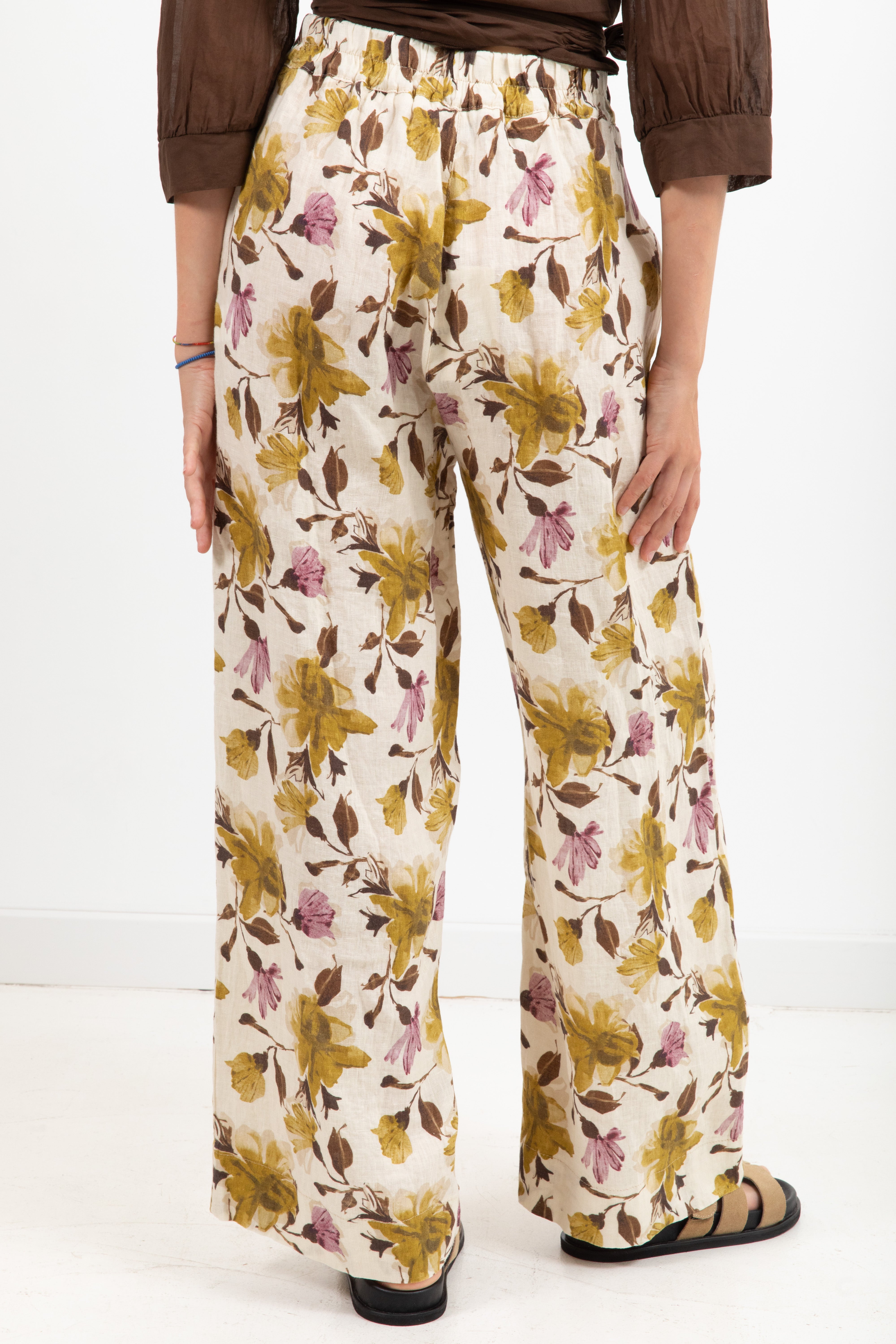 Pantalone gamba dritta fantasia flowers verde 100% lino Susy Mix