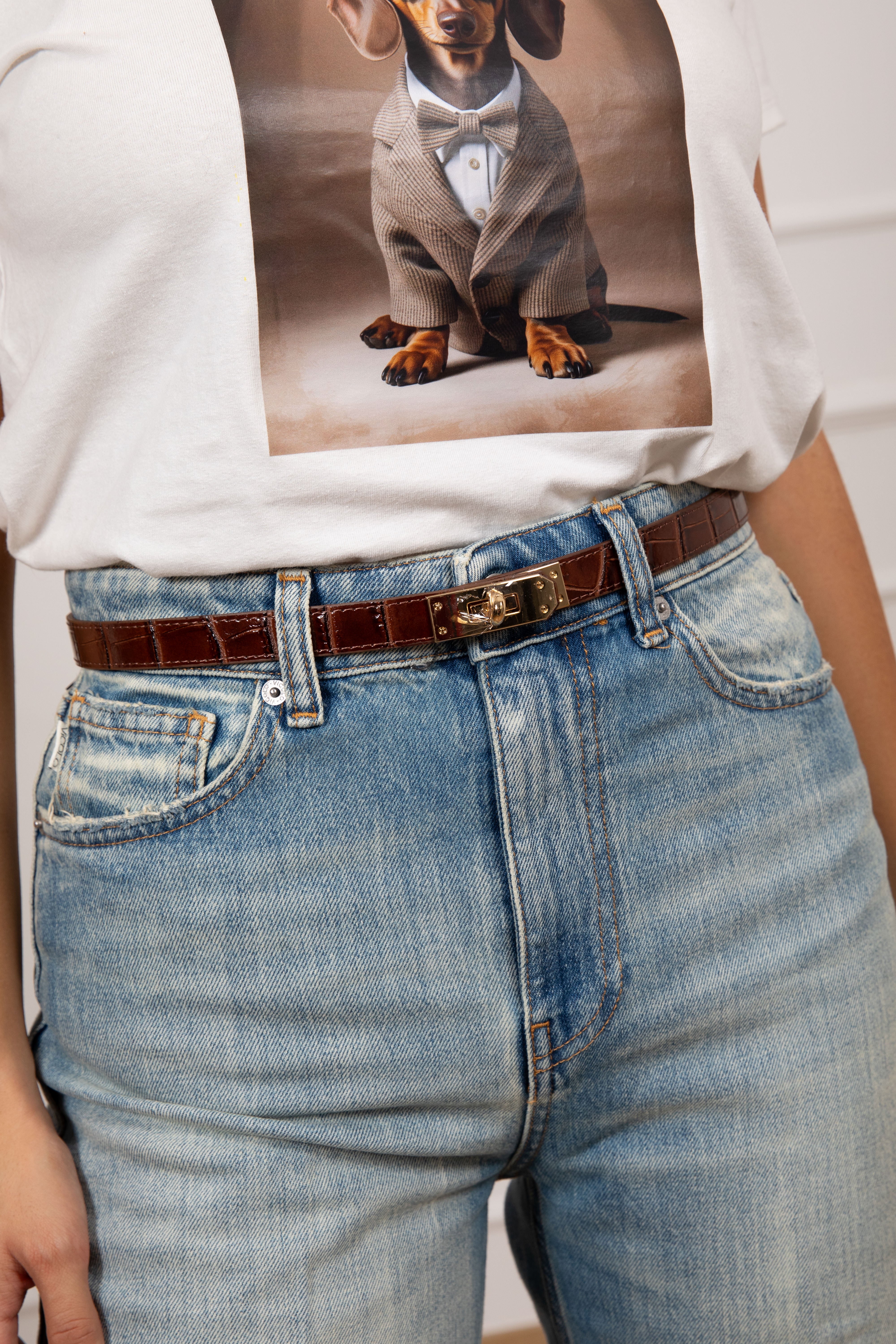 Cintura regolabile in pelle stampa cocco con lucchetto