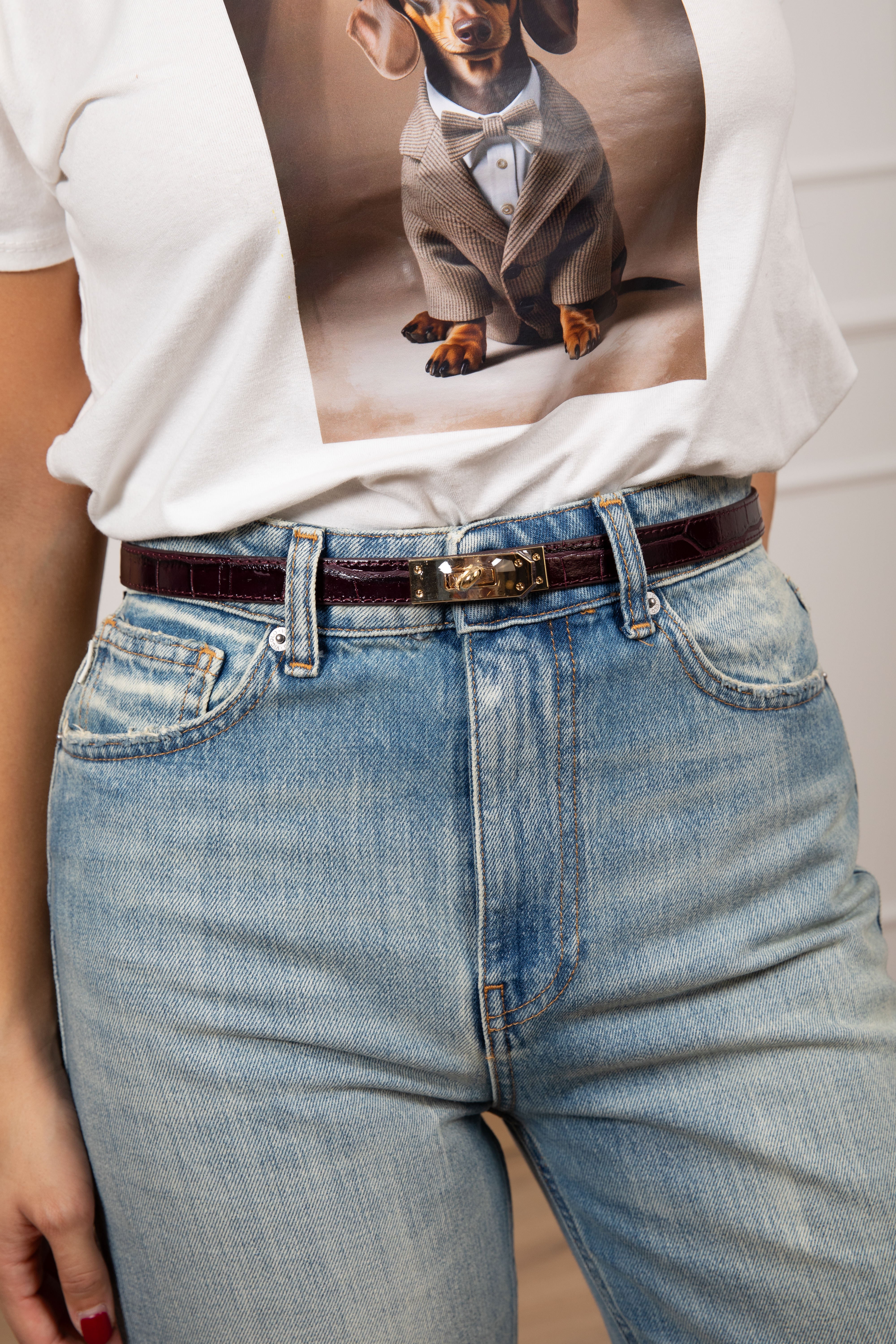 Cintura regolabile in pelle stampa cocco con lucchetto