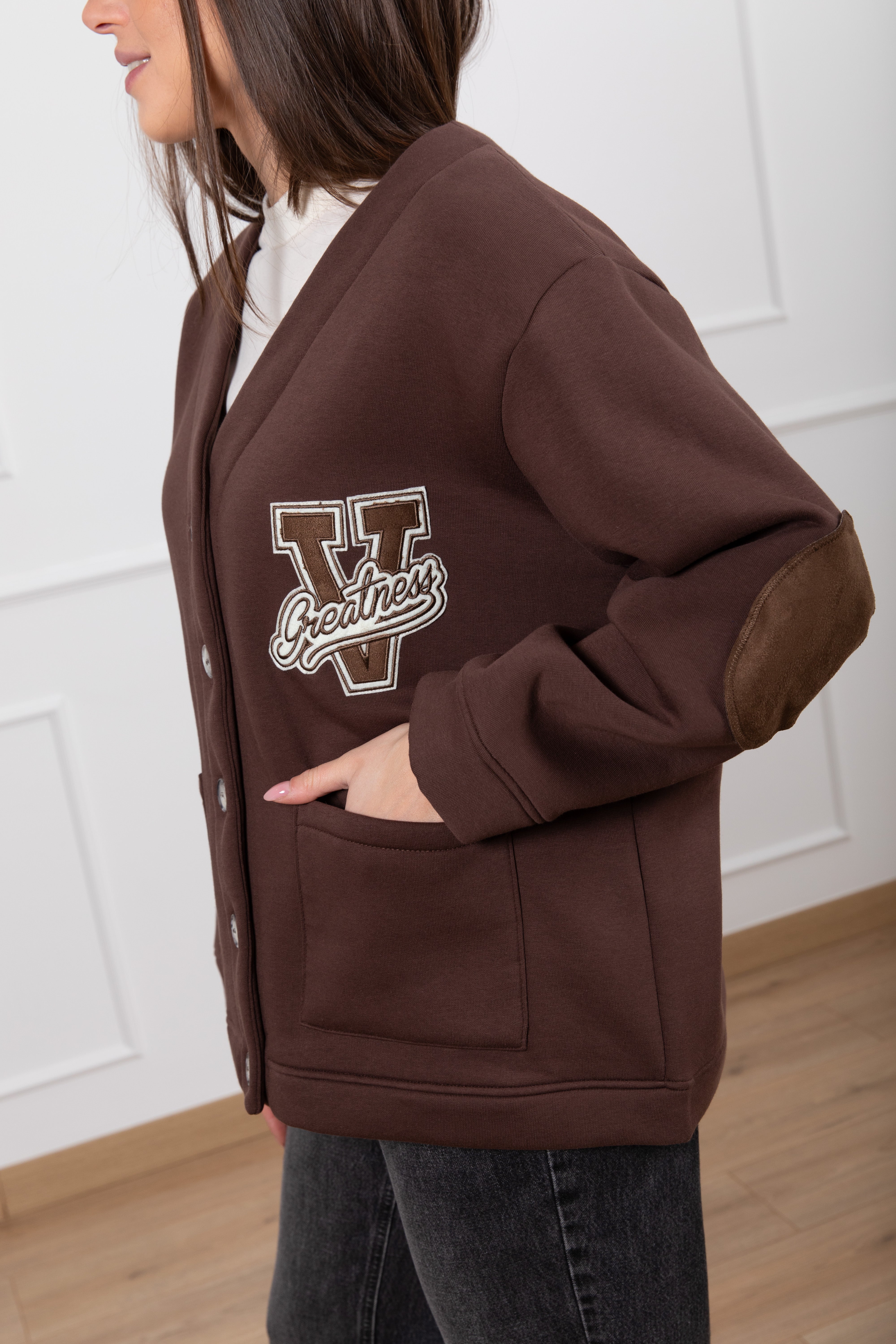 Cardigan in felpa con toppe in eco-camoscio ViCOLO