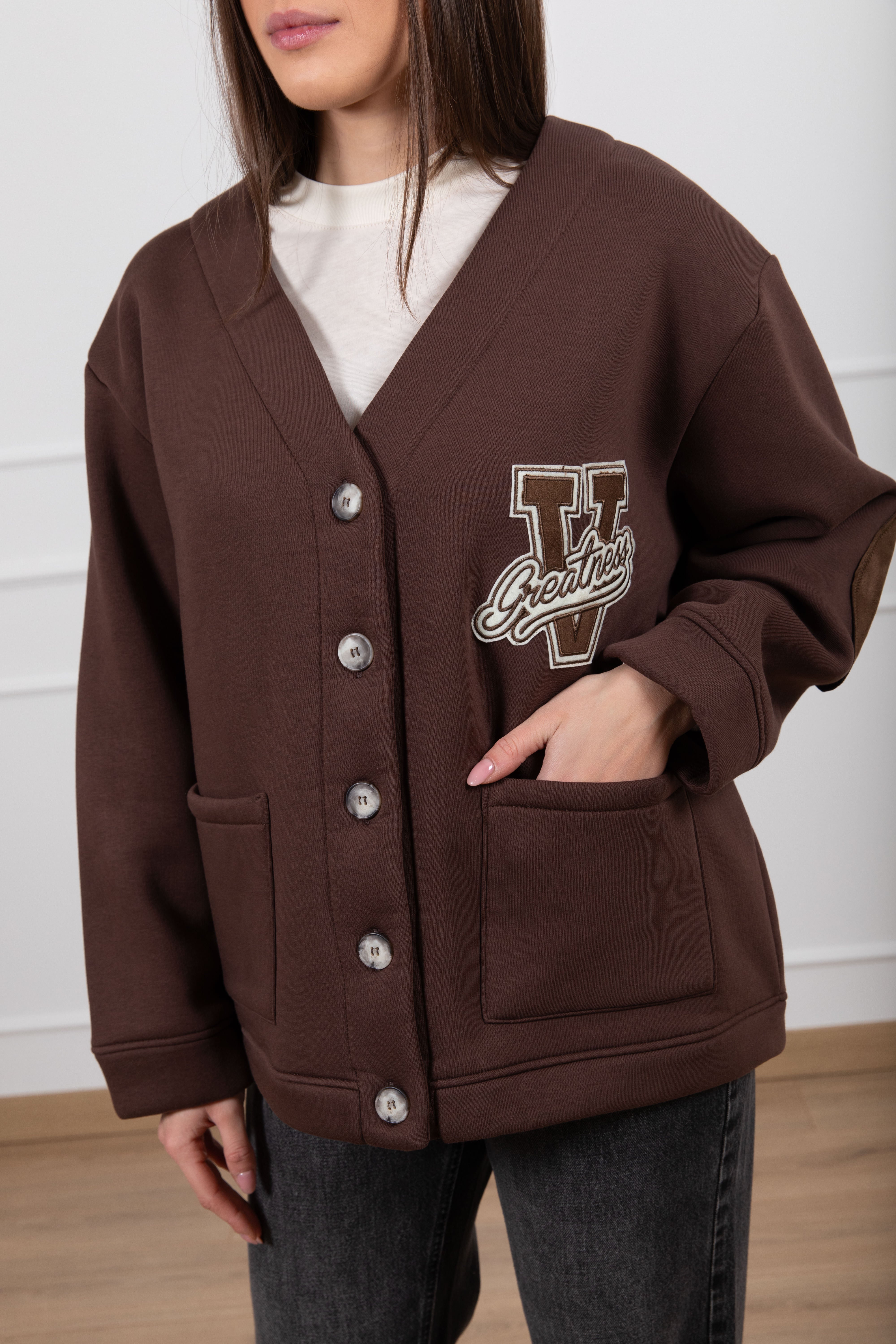 Cardigan in felpa con toppe in eco-camoscio ViCOLO