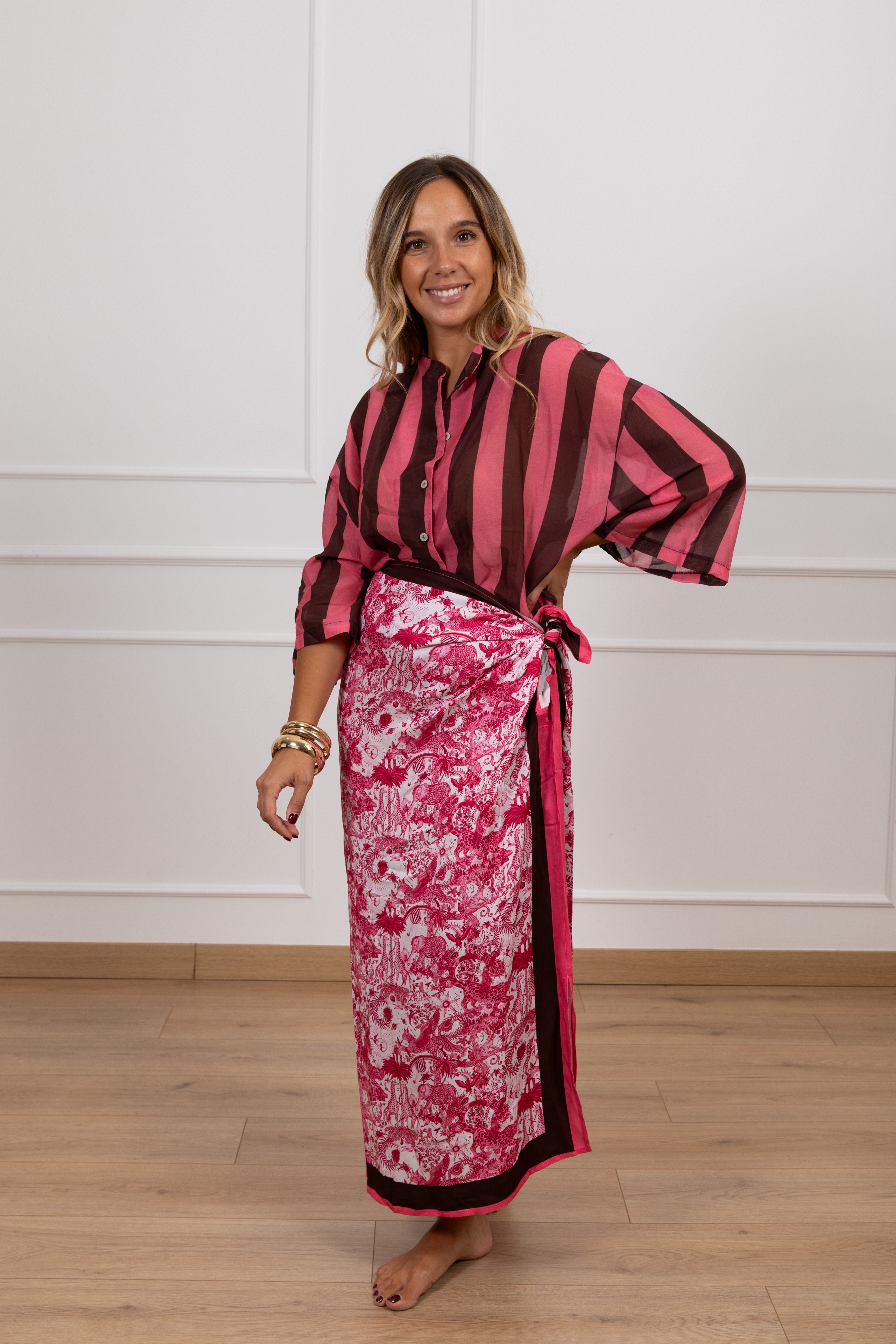 Gonna lunga pareo tela de jouy fucsia Tensione IN