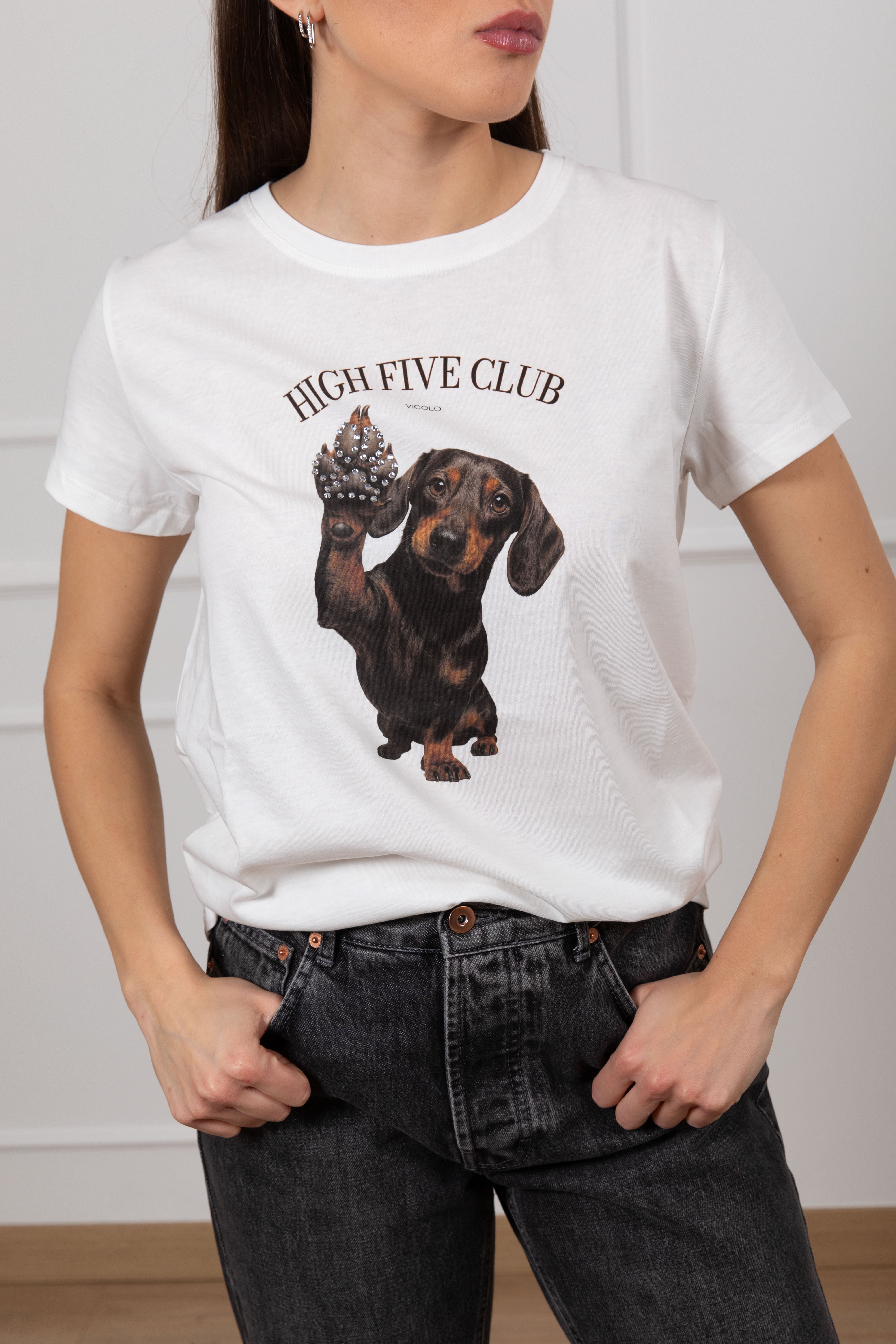 T-shirt bassotto con zampa strass ViCOLO