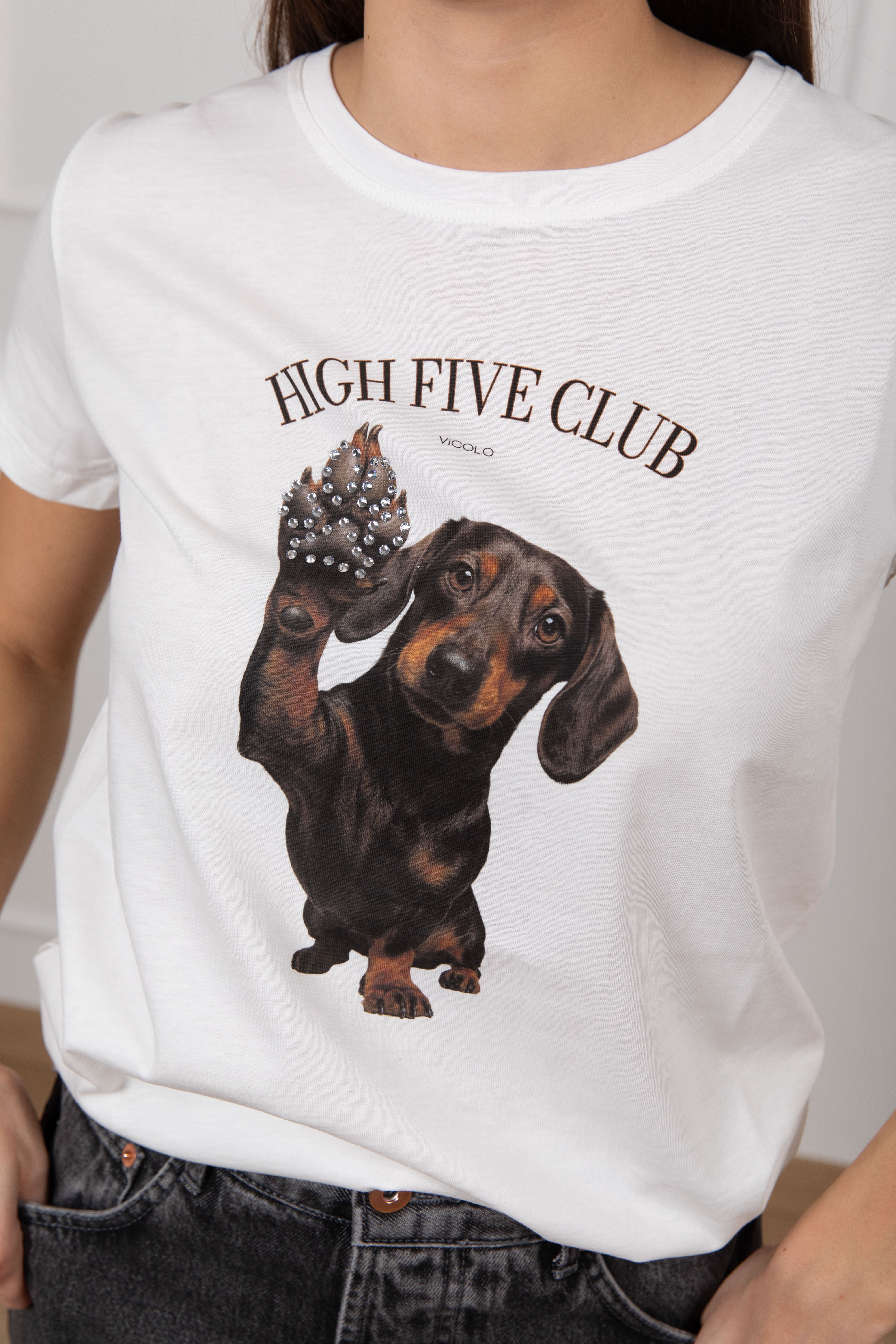 T-shirt bassotto con zampa strass ViCOLO