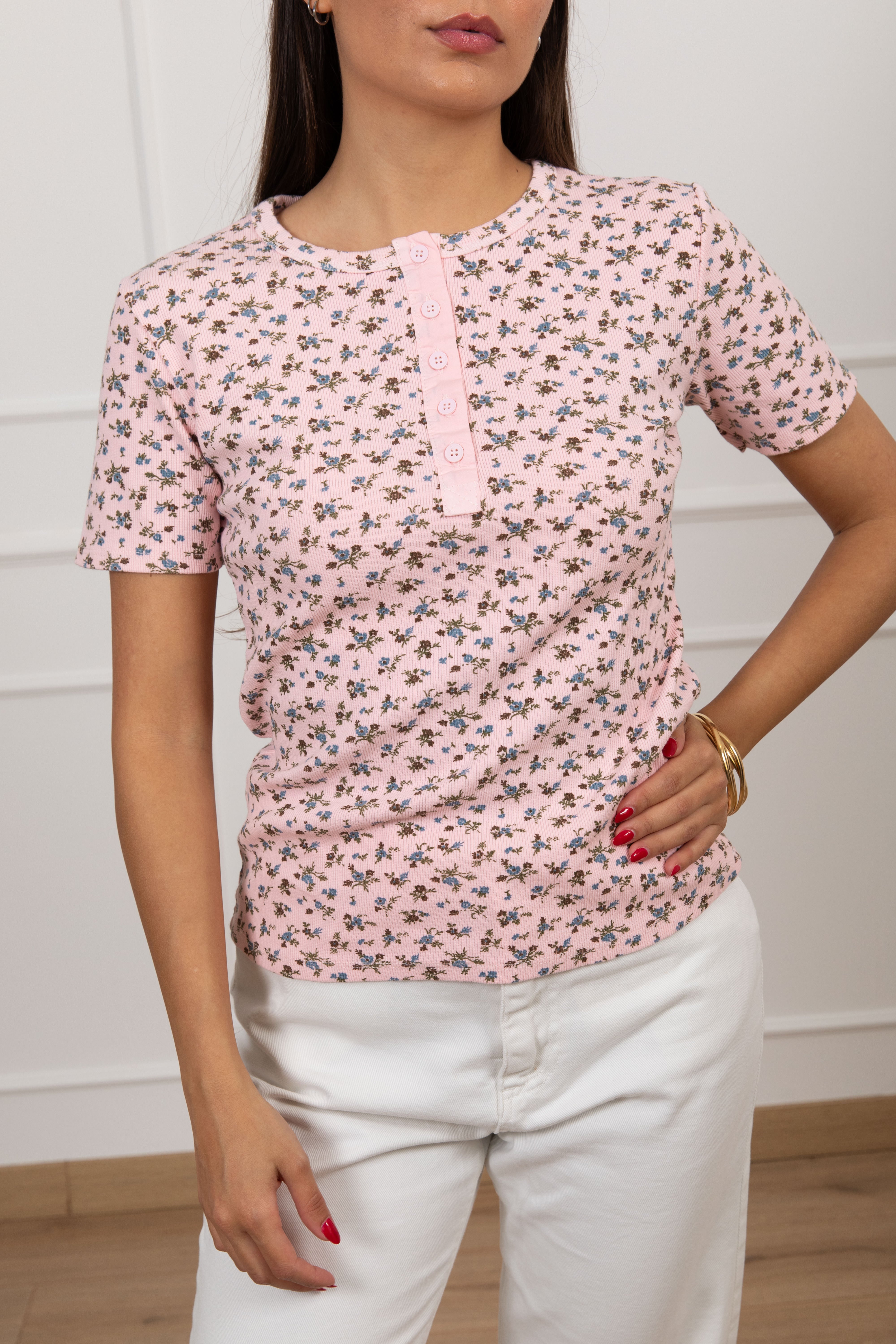 T-shirt serafino a costine fantasia flowers Motel