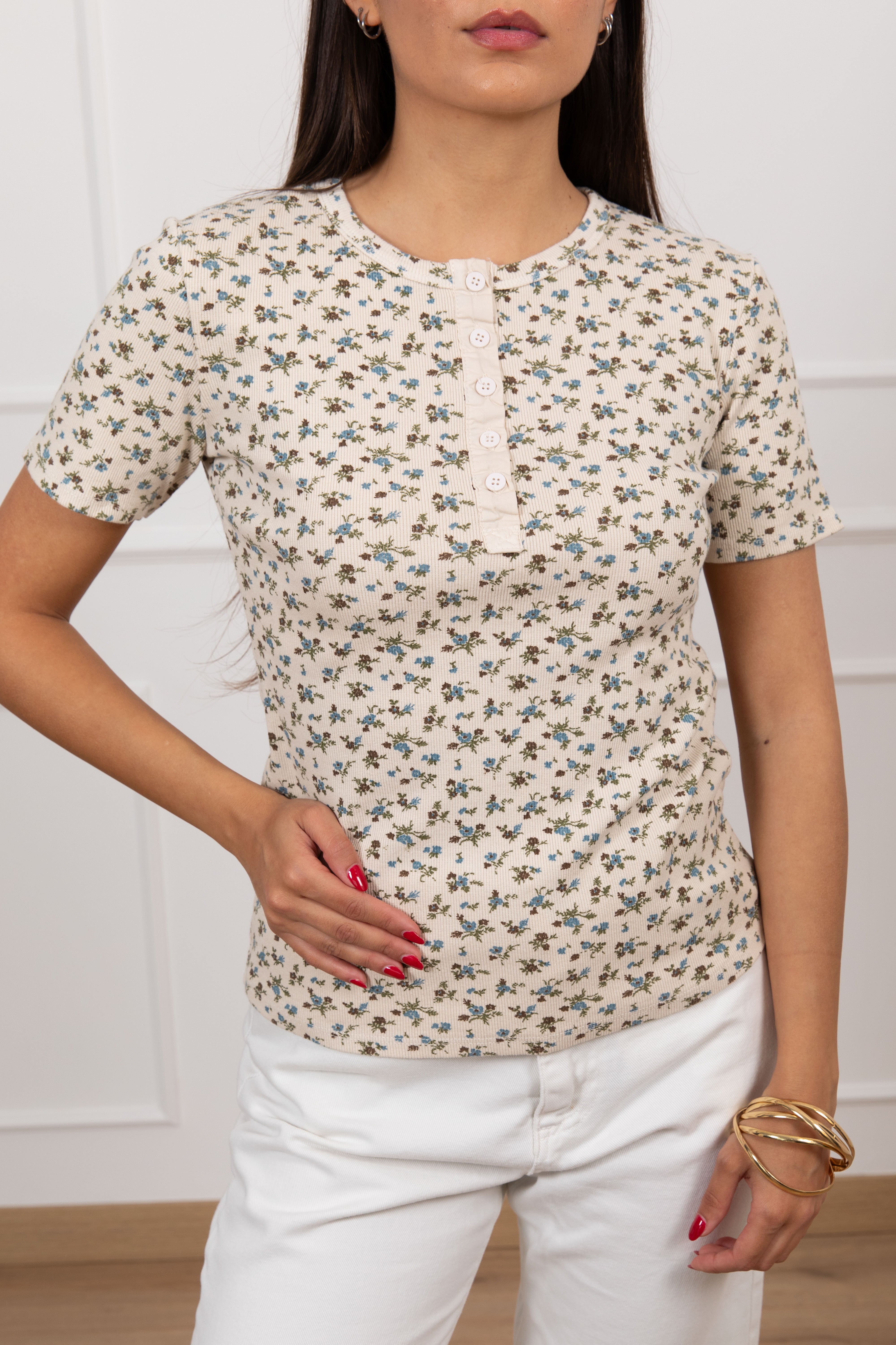 T-shirt serafino a costine fantasia flowers Motel