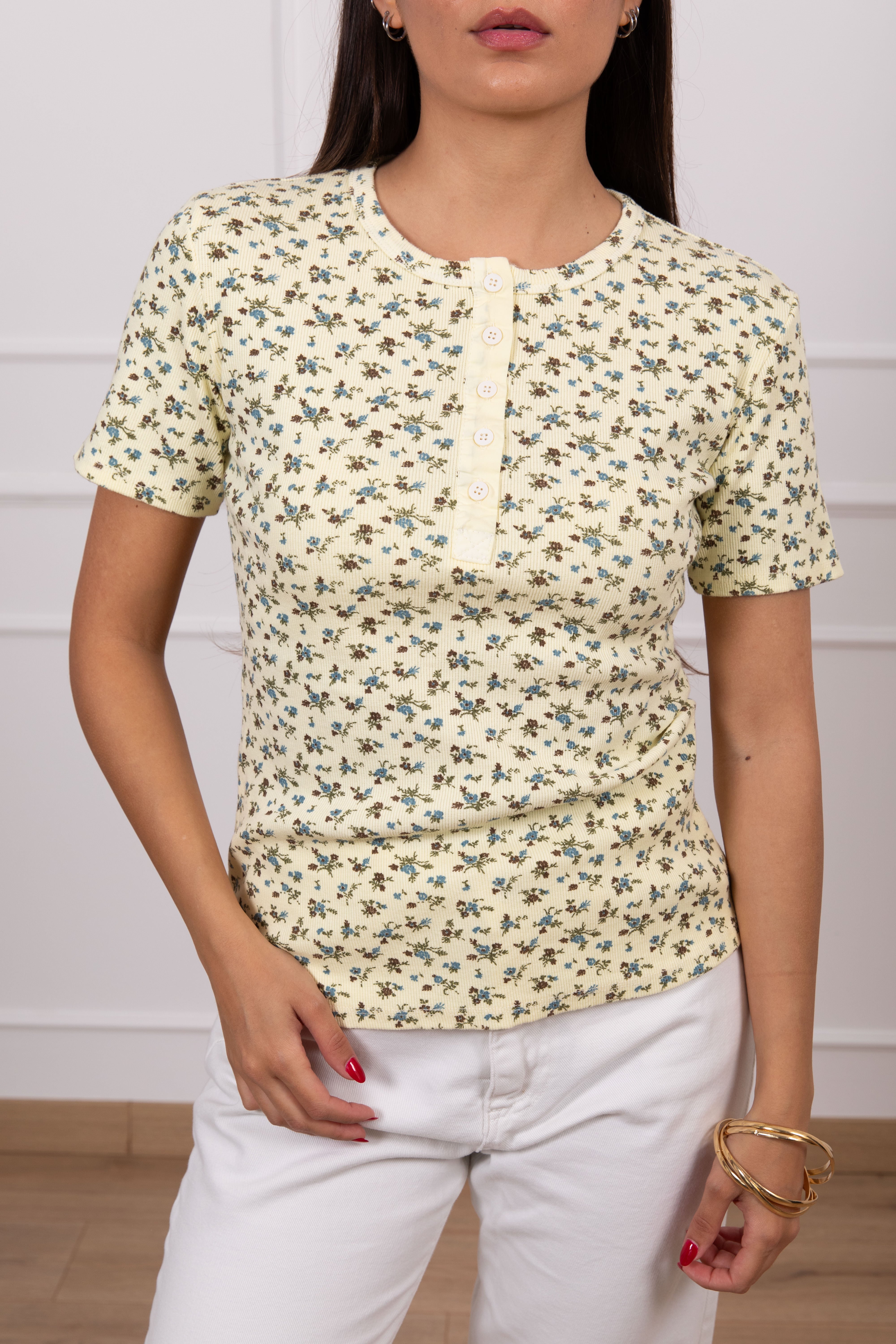 T-shirt serafino a costine fantasia flowers Motel