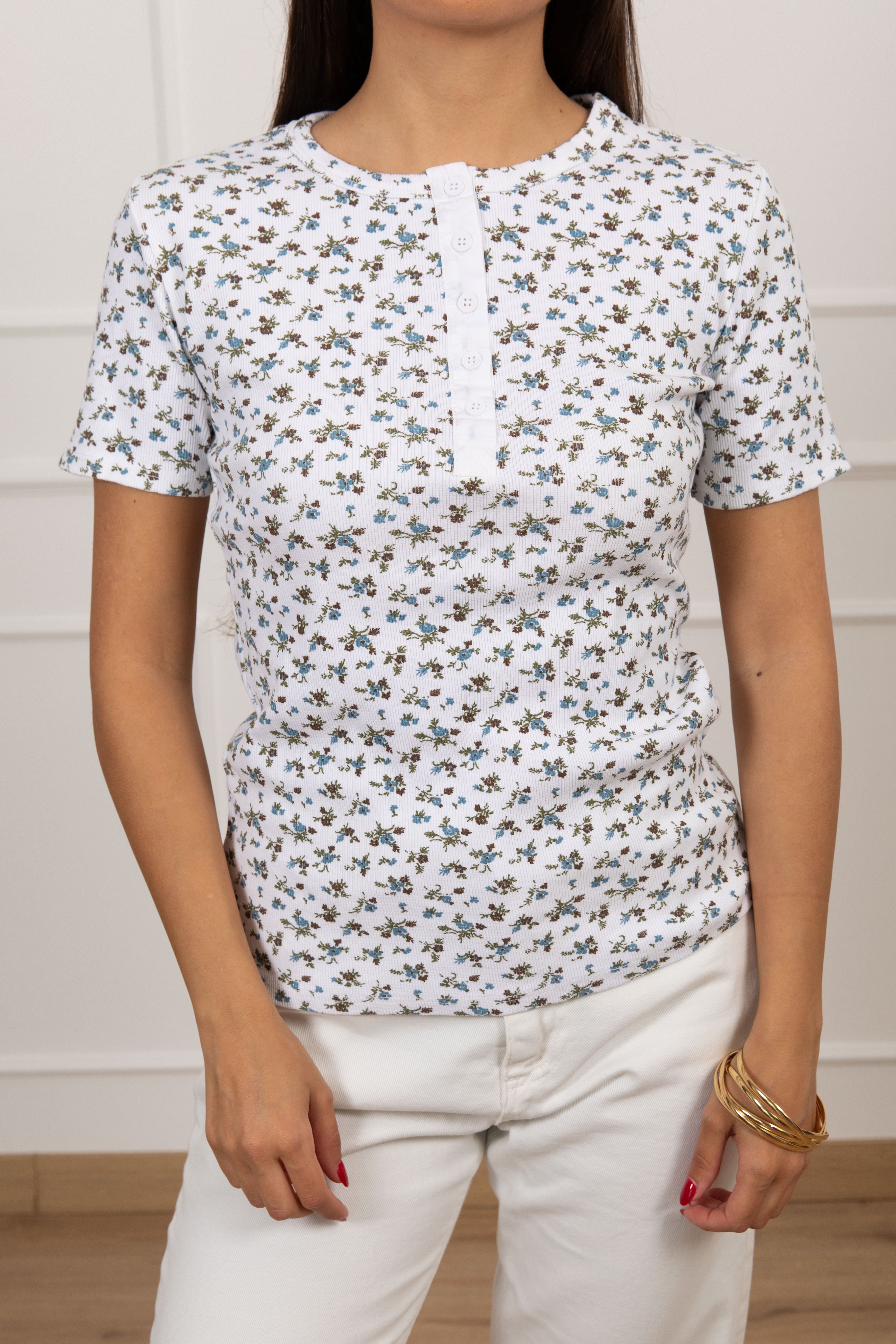 T-shirt serafino a costine fantasia flowers Motel