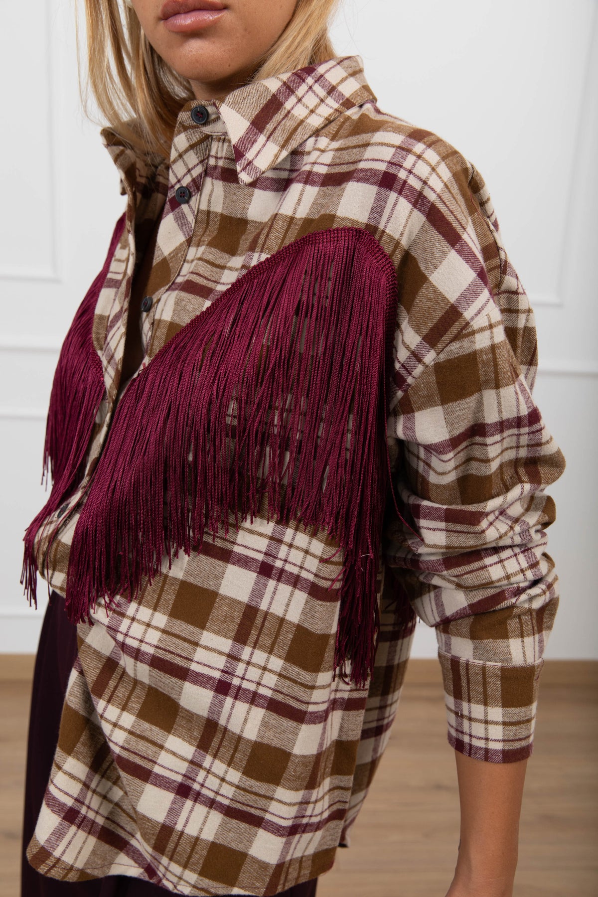 Camicia check beige/bordeaux con frange Tensione IN