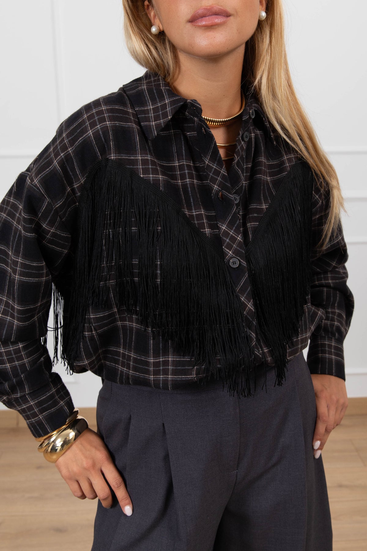 Camicia quadro nero con frange Tensione IN