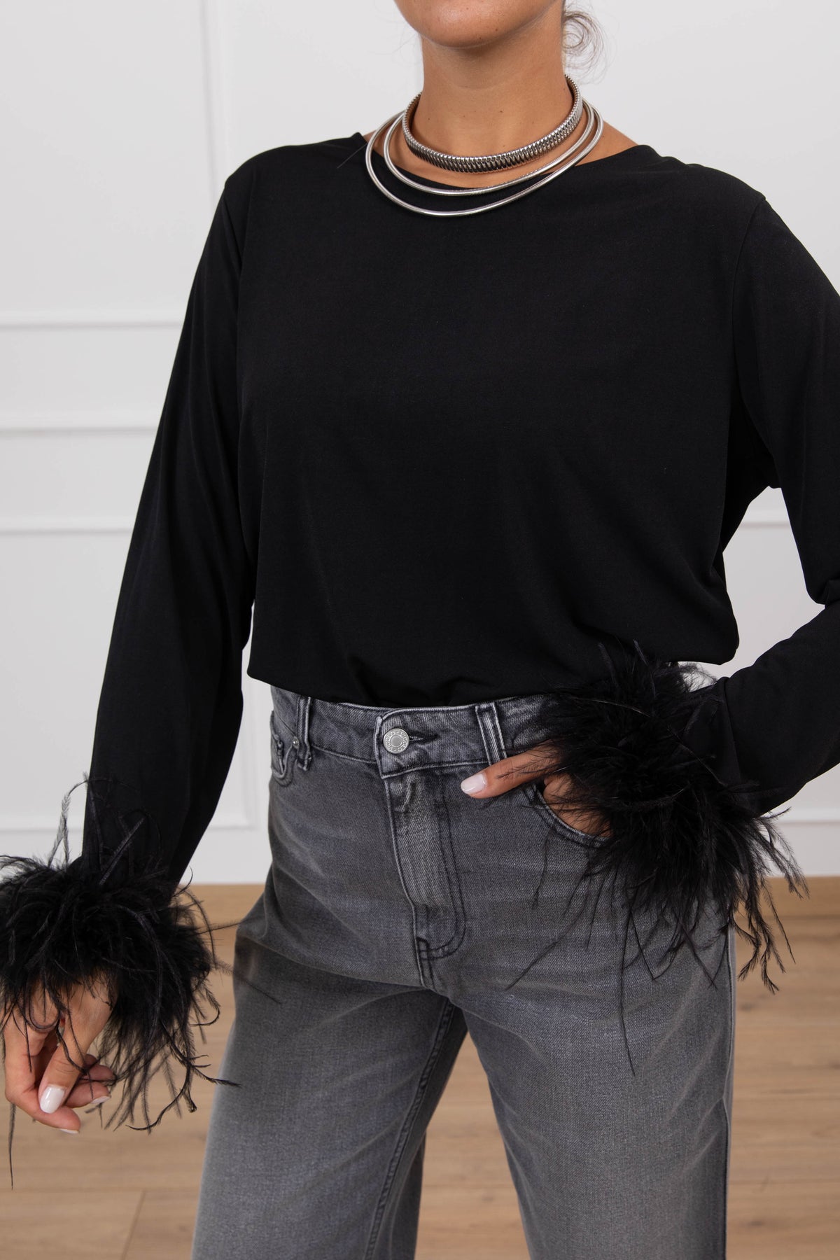 Blusa con inserto piume variante nero ViCOLO