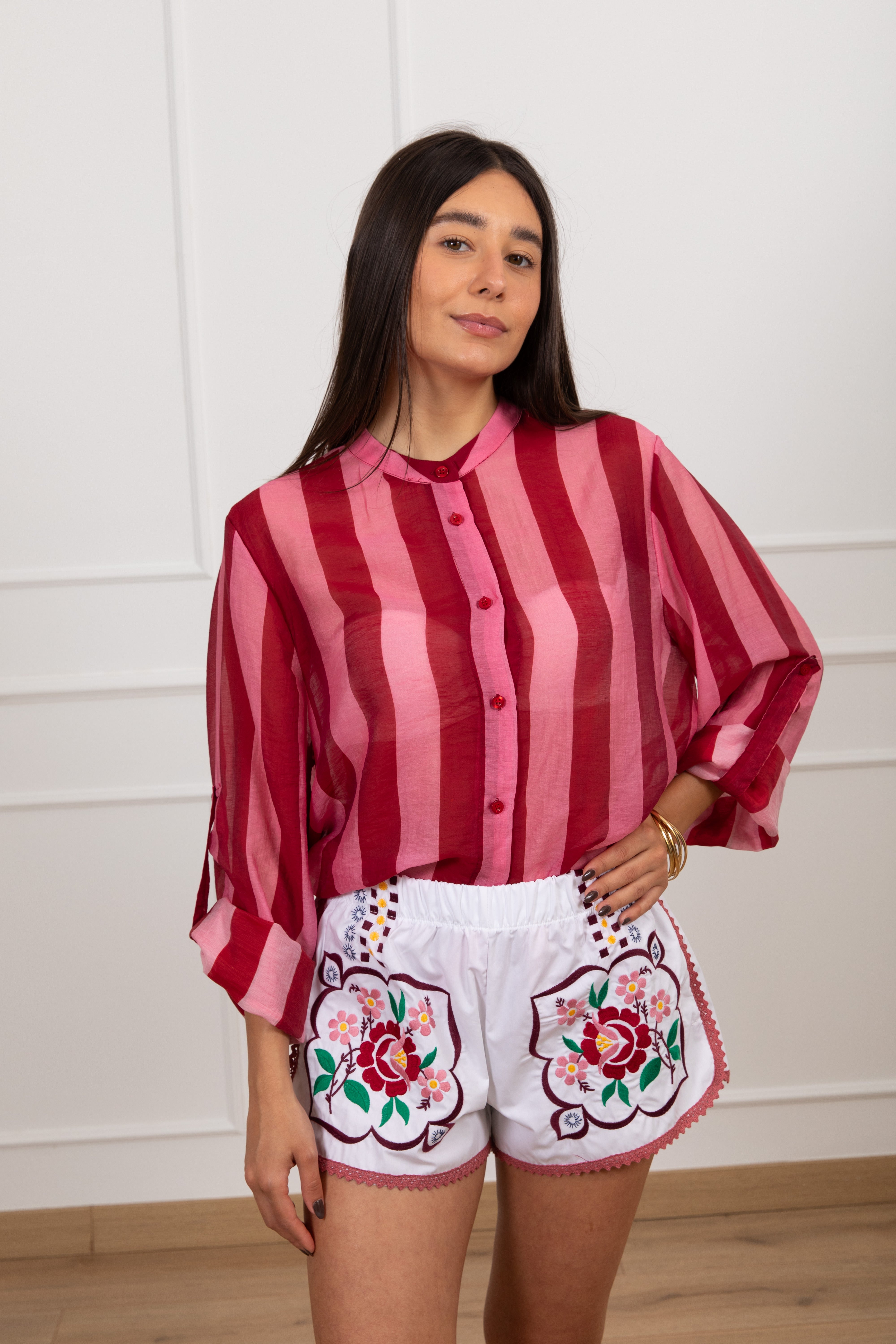 Camicia a righe con collo alla coreana Haveone