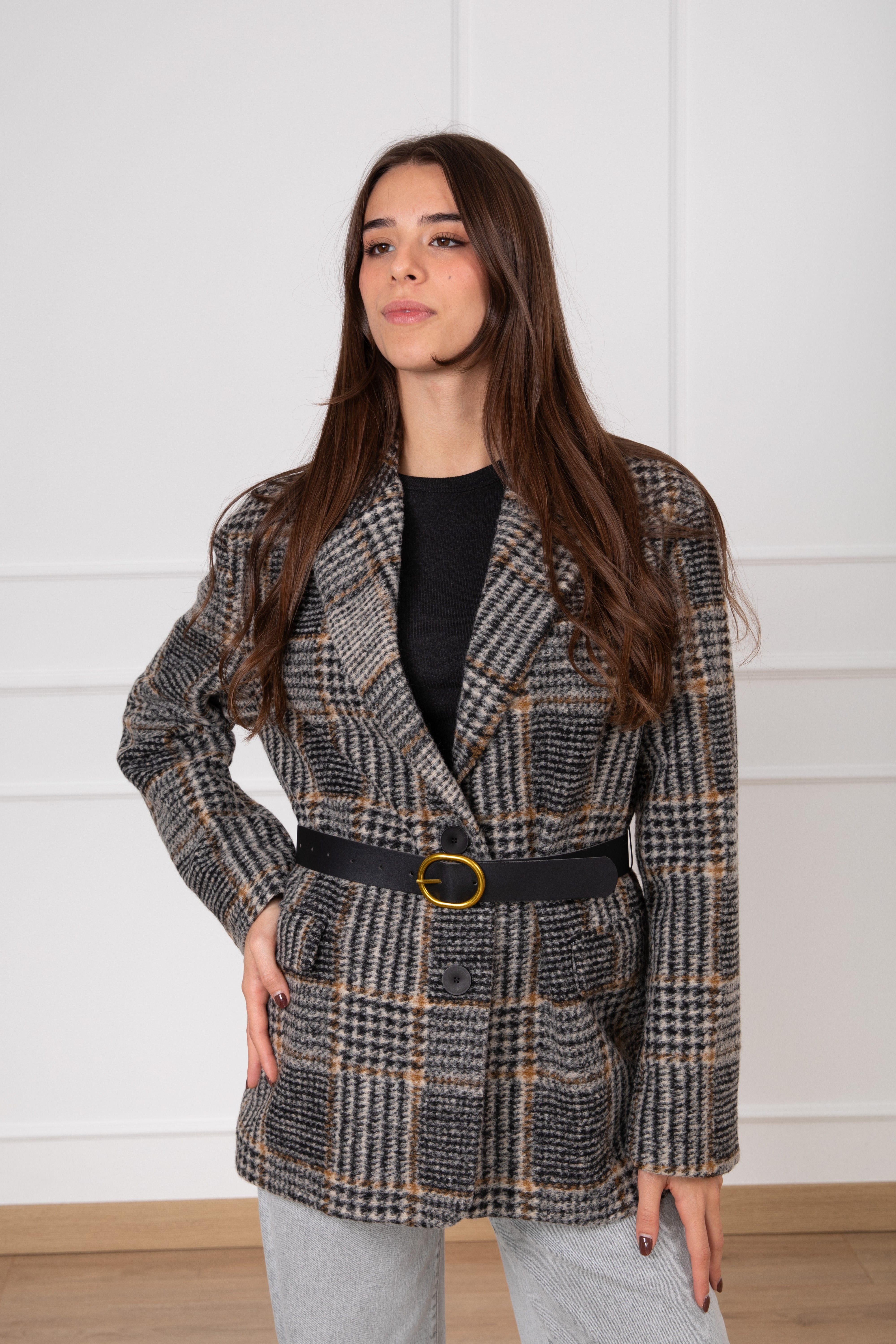 Giacca-cappotto check con cintura ViCOLO