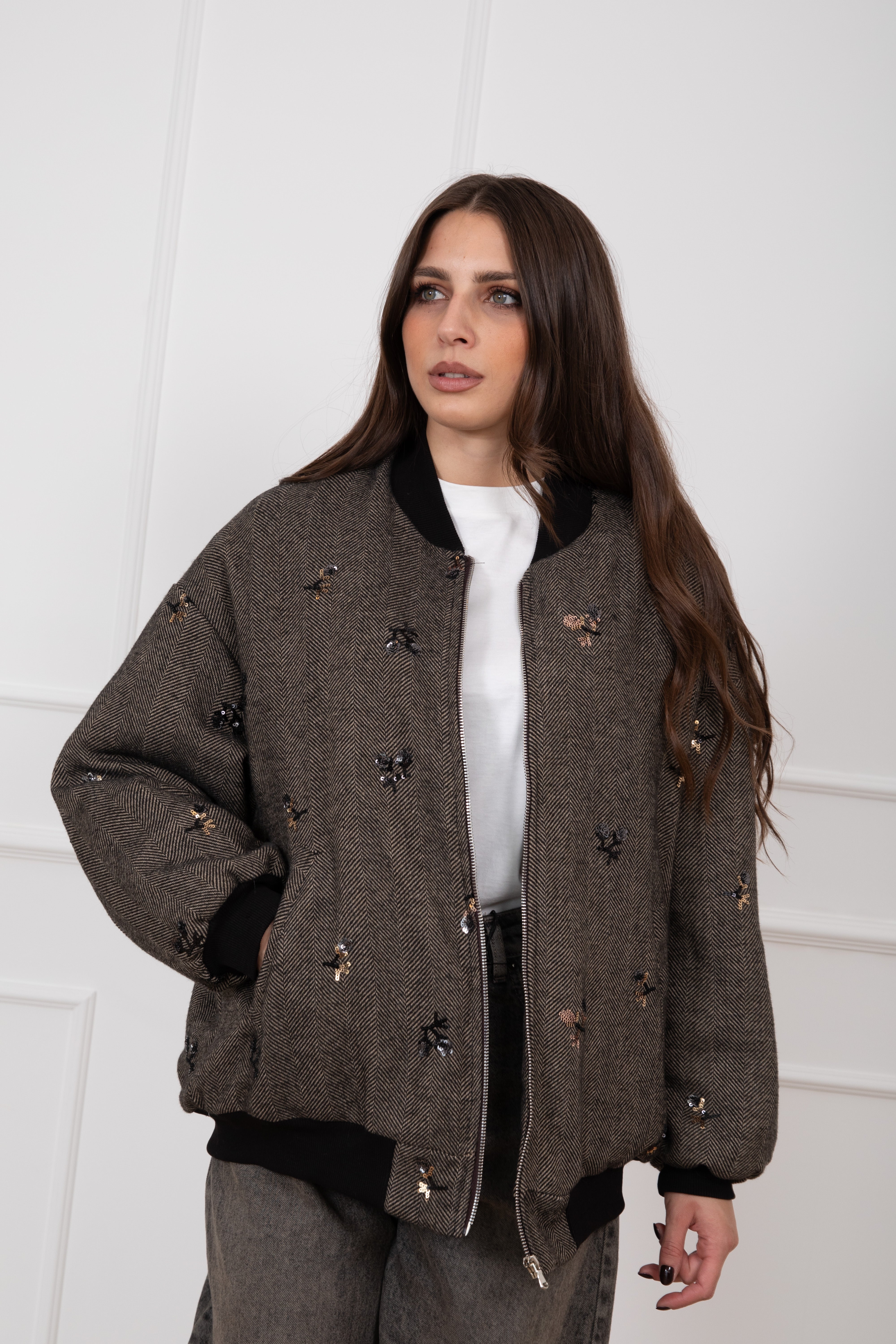Bomber over-size motivo spigato con ricamo paillettes Susy Mix