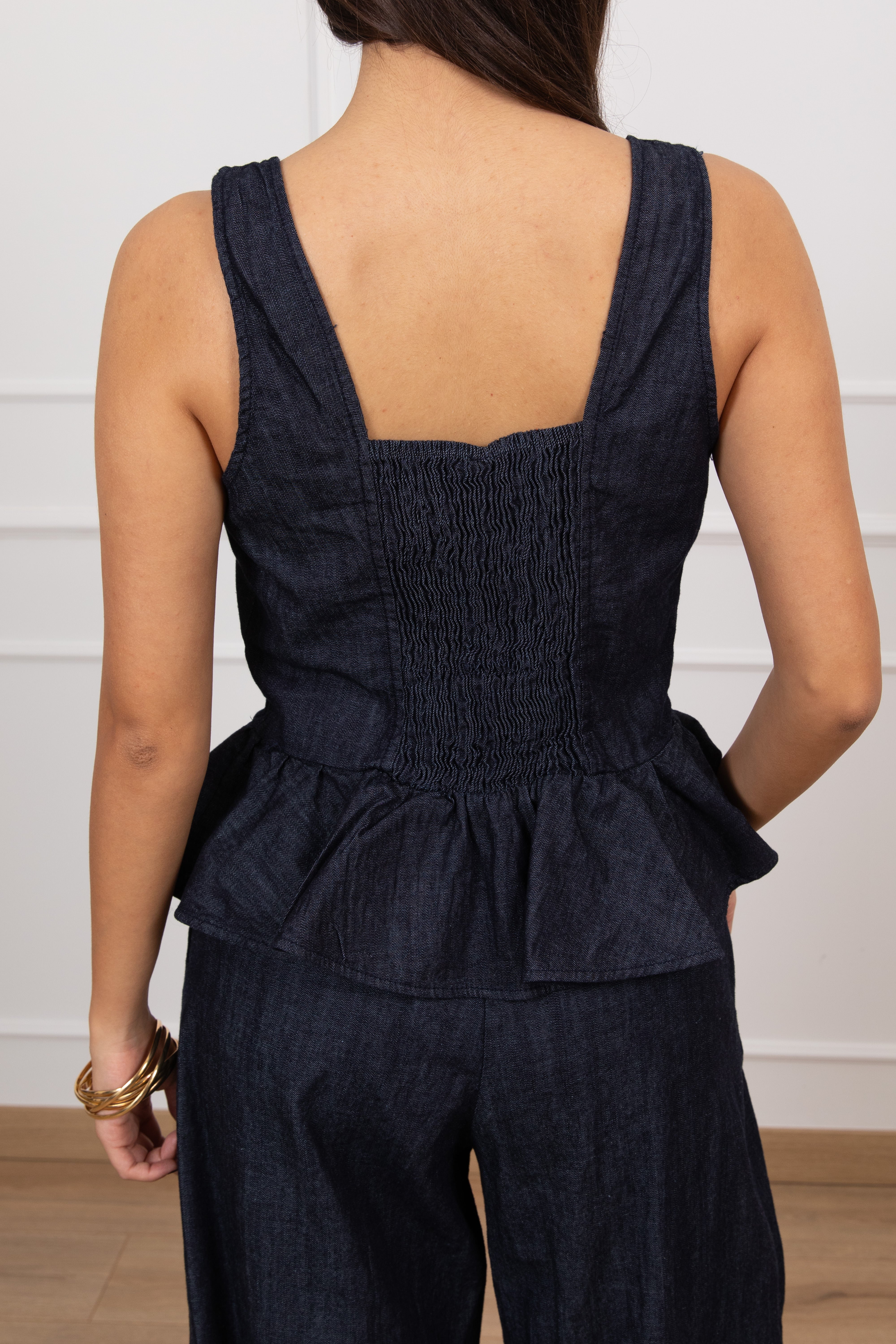 Top con godet in chambrix blu scuro Tensione IN