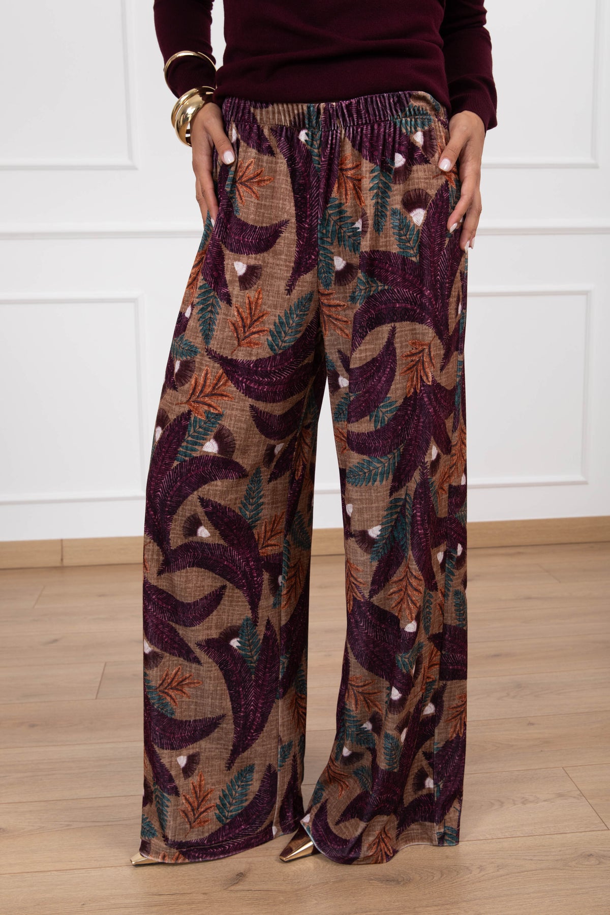 Pantalone in ciniglia stampa foglie Haveone