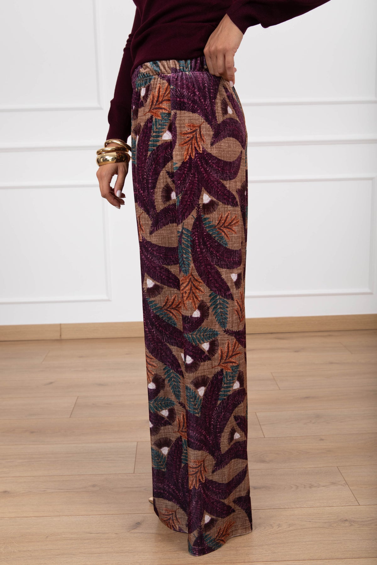 Pantalone in ciniglia stampa foglie Haveone