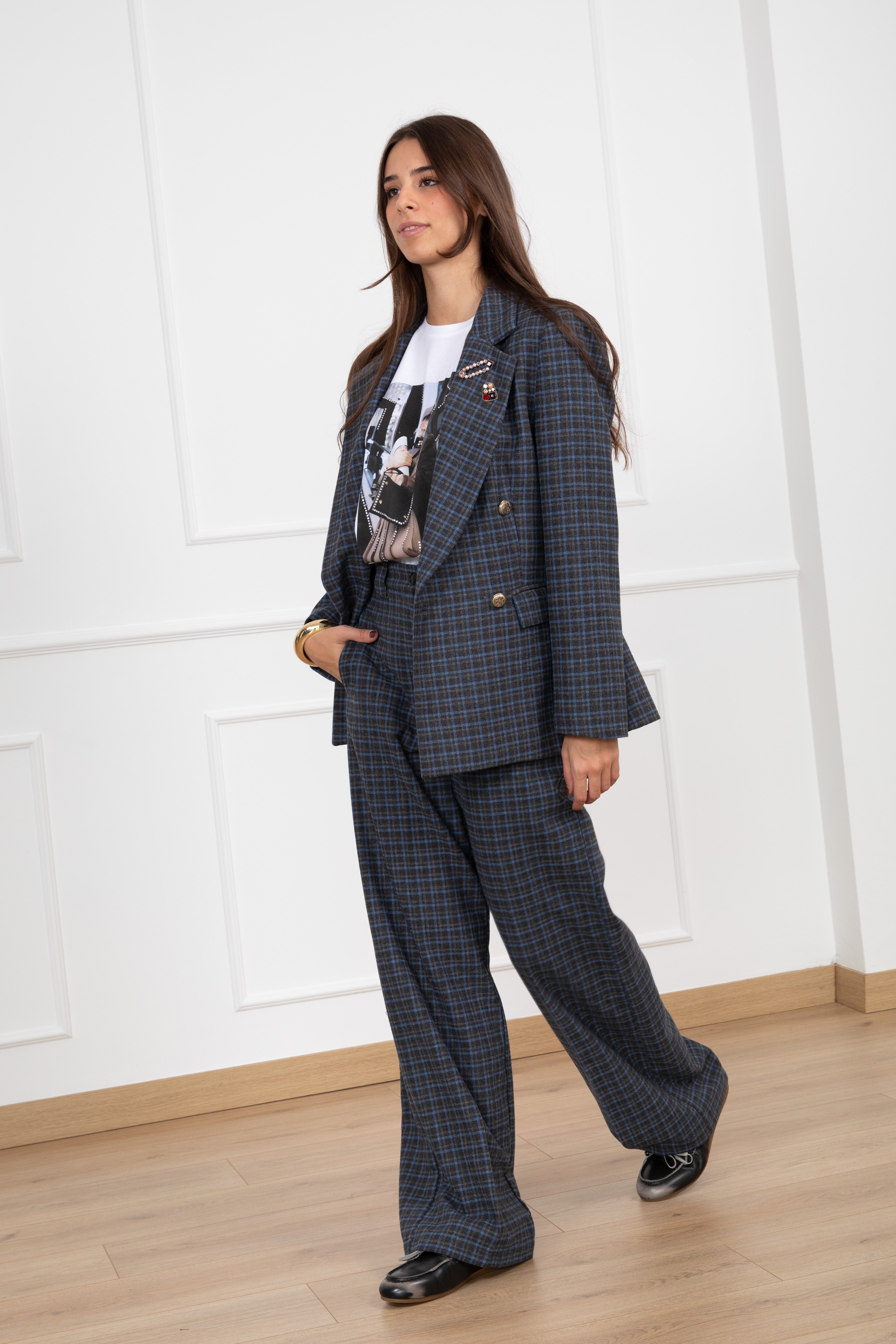 Pantalone gamba dritta check in panno Tensione IN