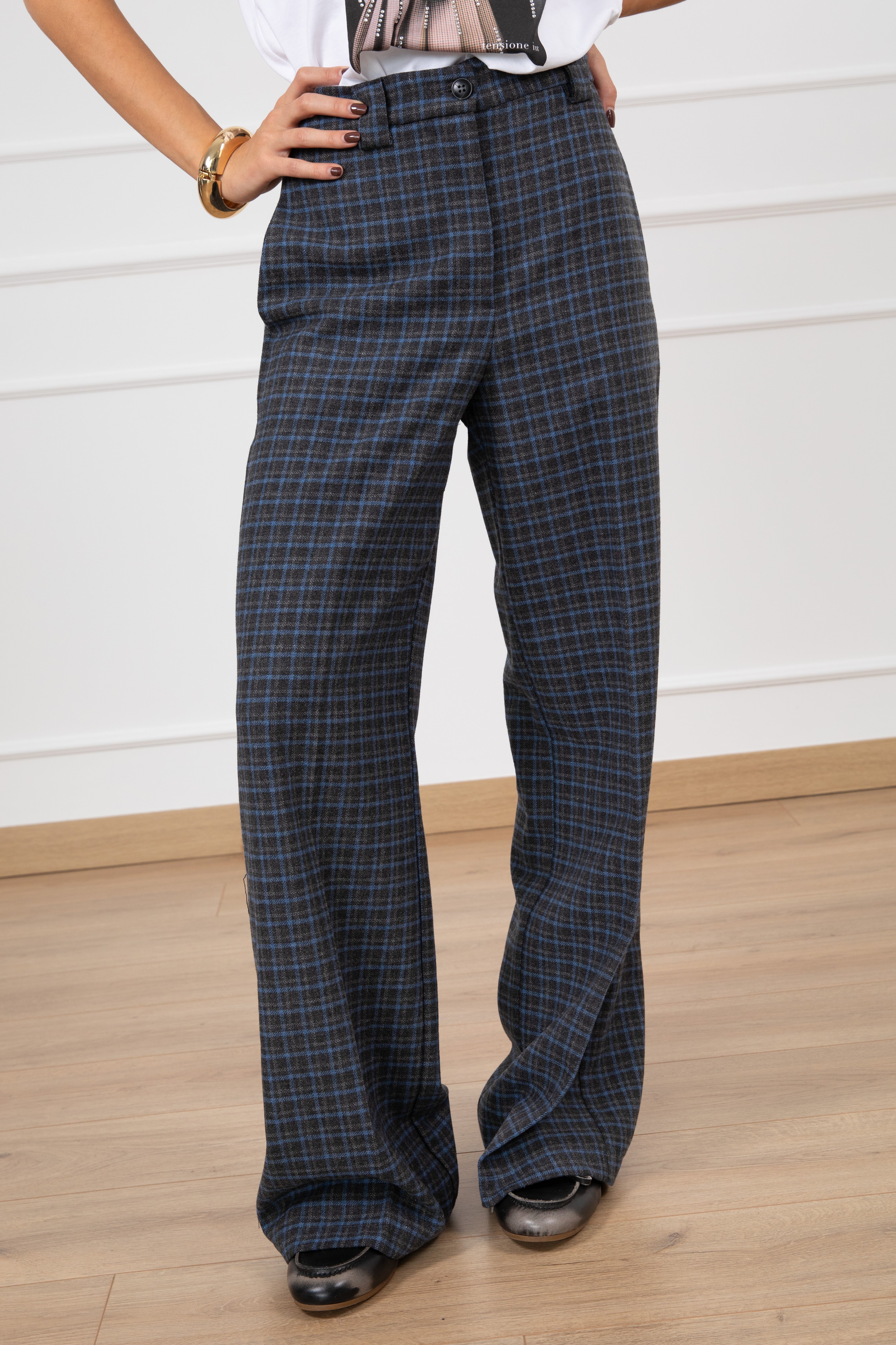 Pantalone gamba dritta check in panno Tensione IN