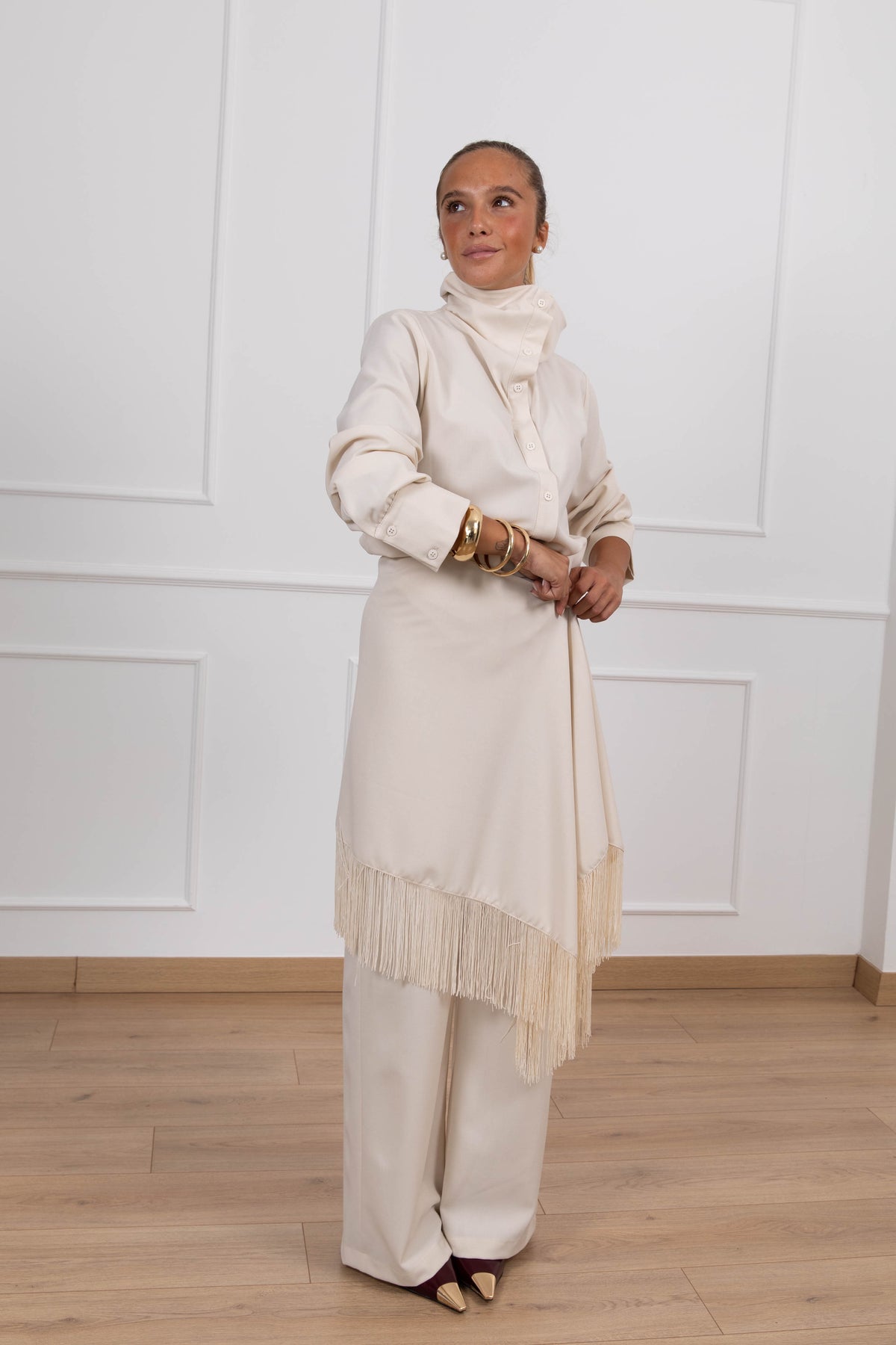 Pantalone con inserto scialle frange variante panna Tensione IN