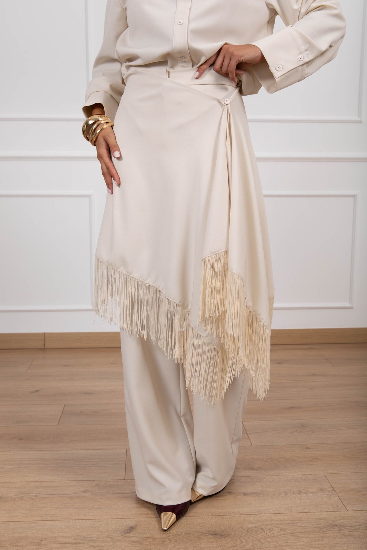 Pantalone con inserto scialle frange variante panna Tensione IN