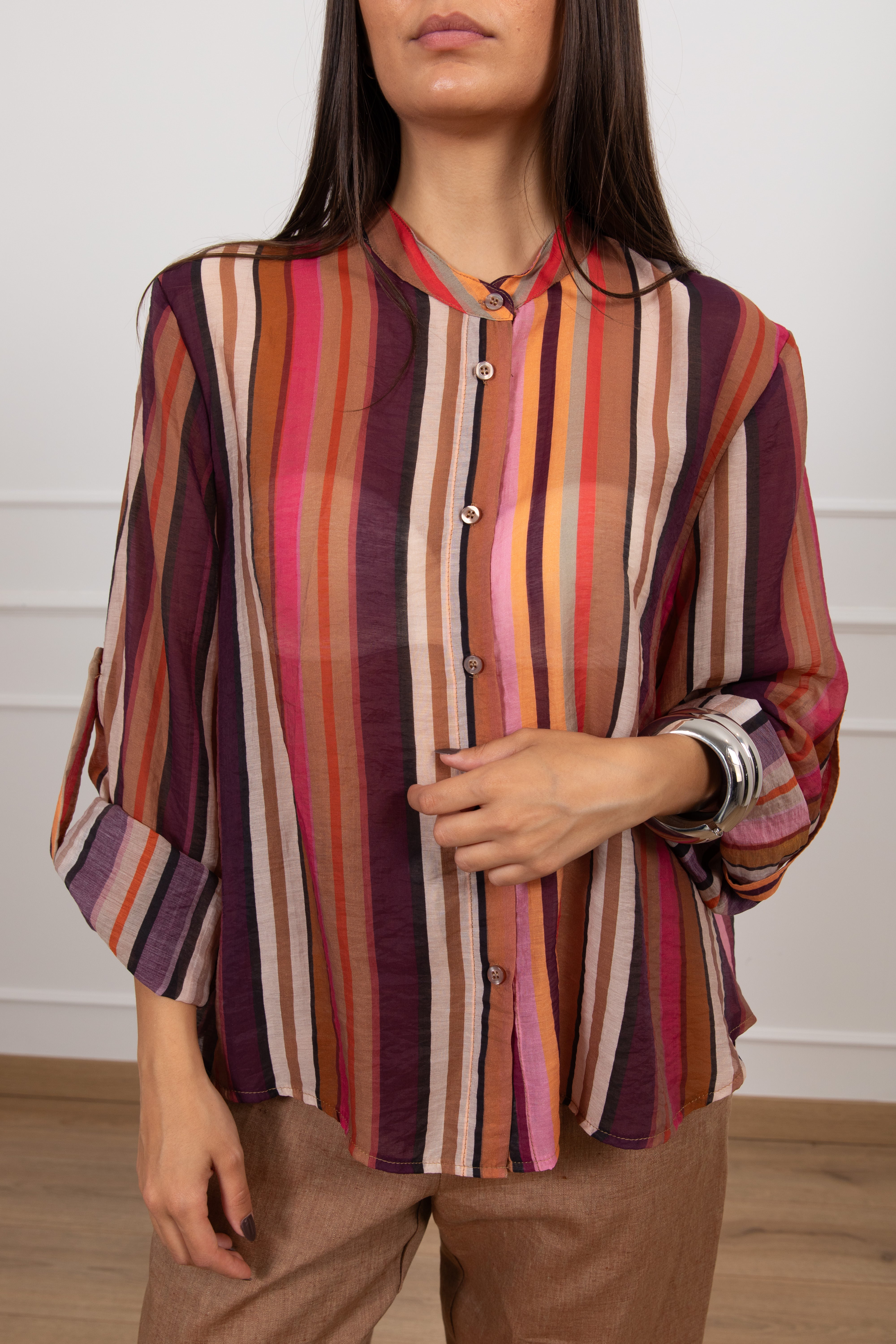Camicia a righe multicolor con collo alla coreana Haveone