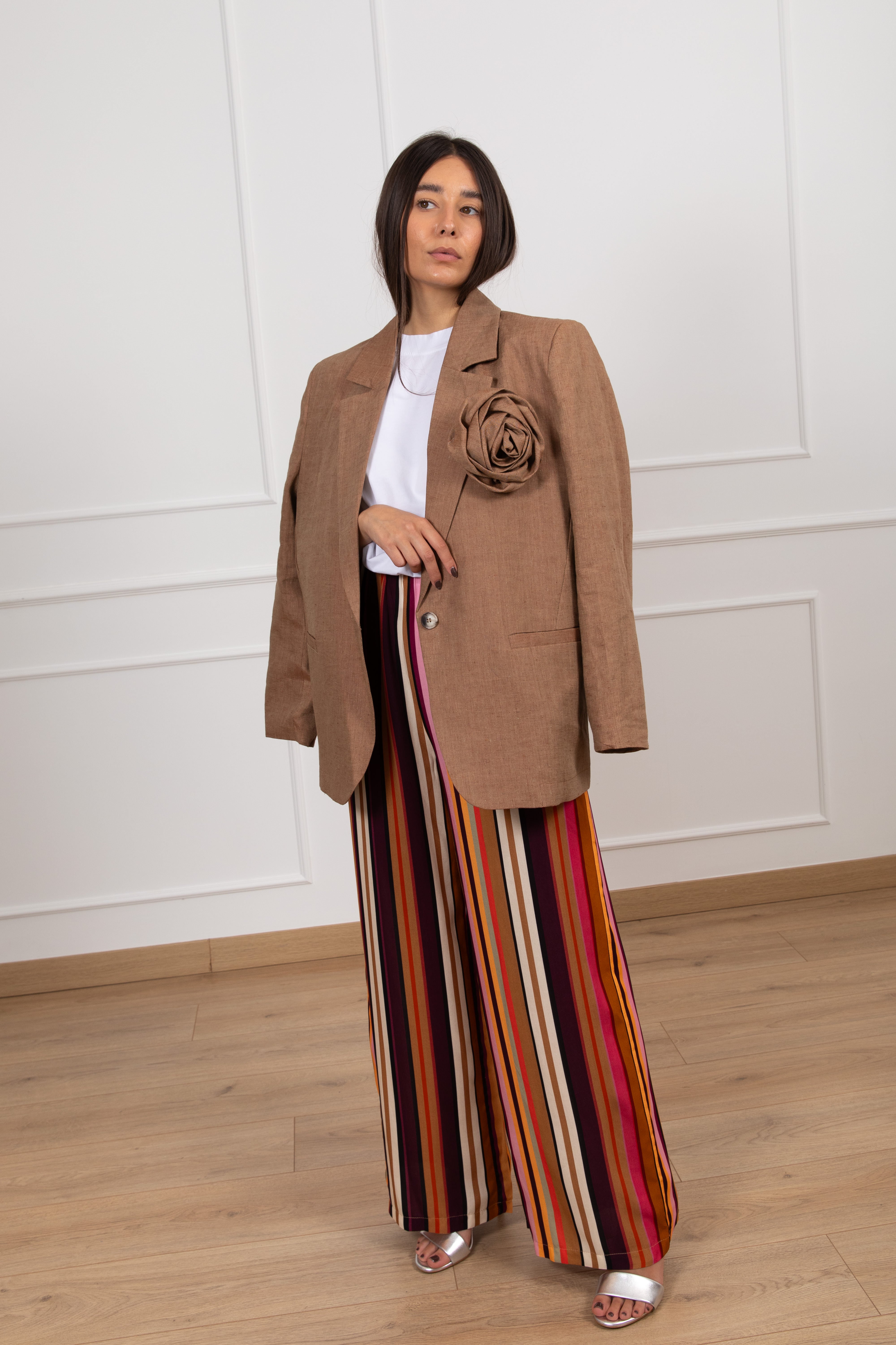 Pantalone gamba larga a righe multicolor con elastico Haveone