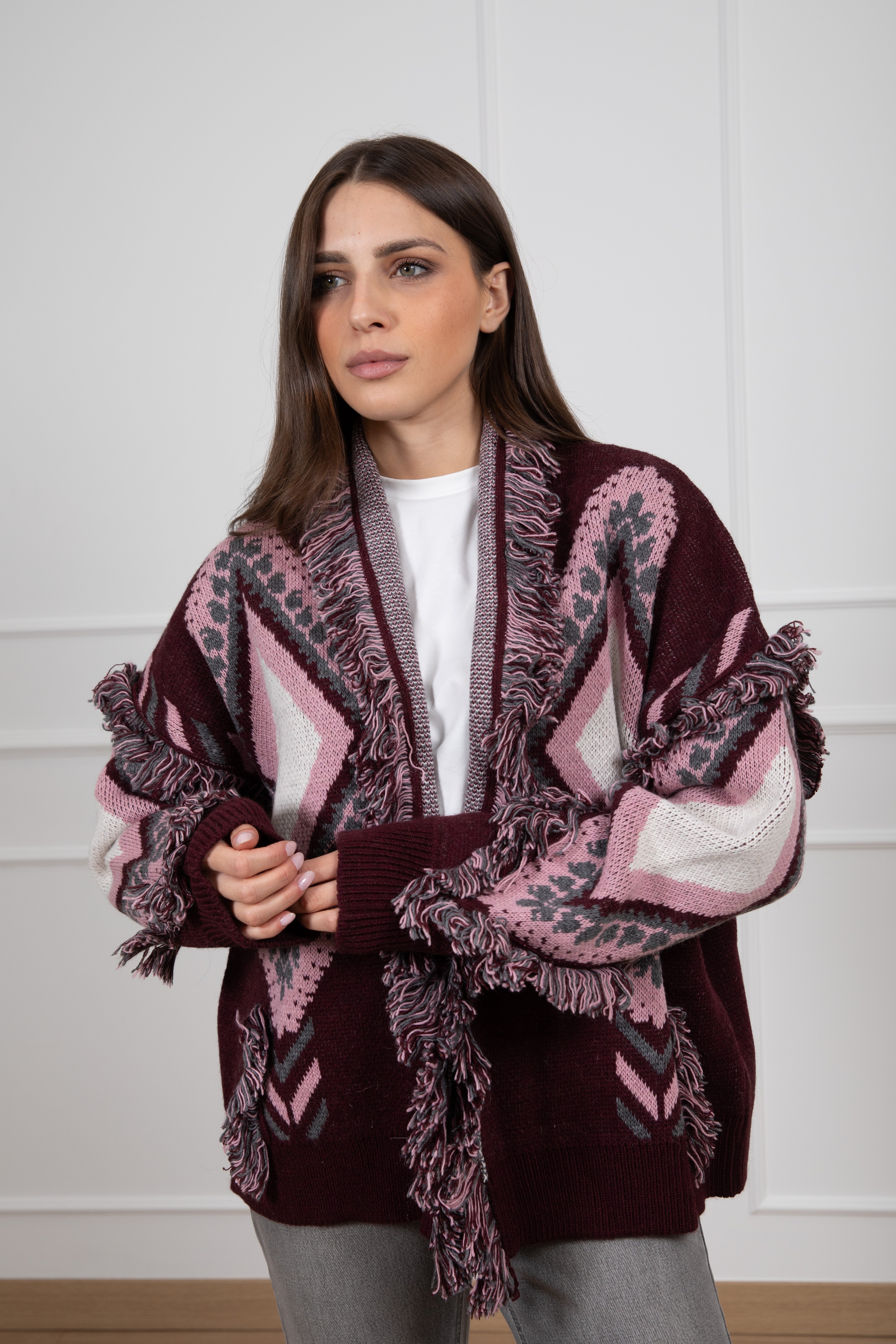 Cardigan in maglia motivo rombi con frange Tensione IN