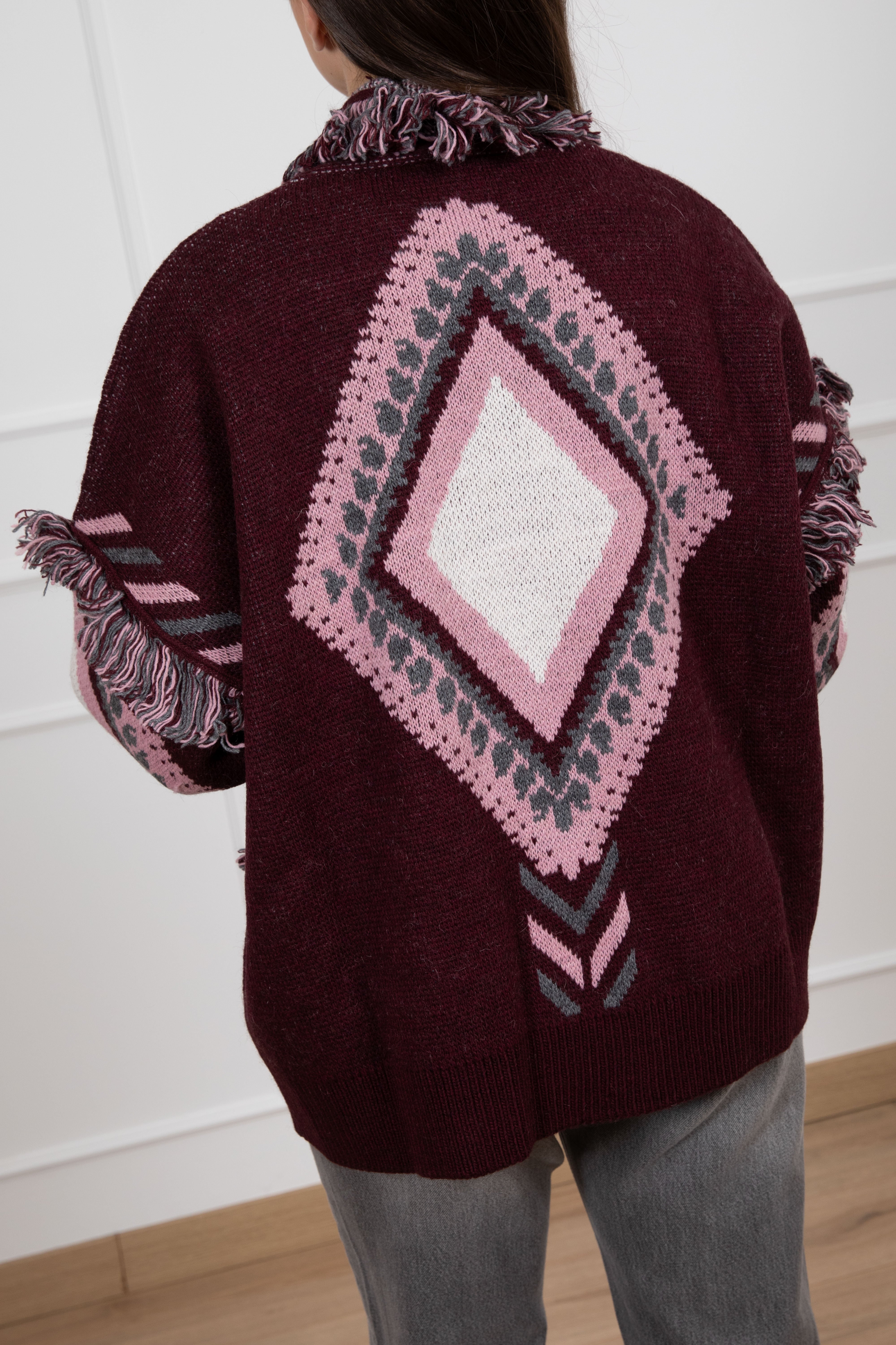 Cardigan in maglia motivo rombi con frange Tensione IN