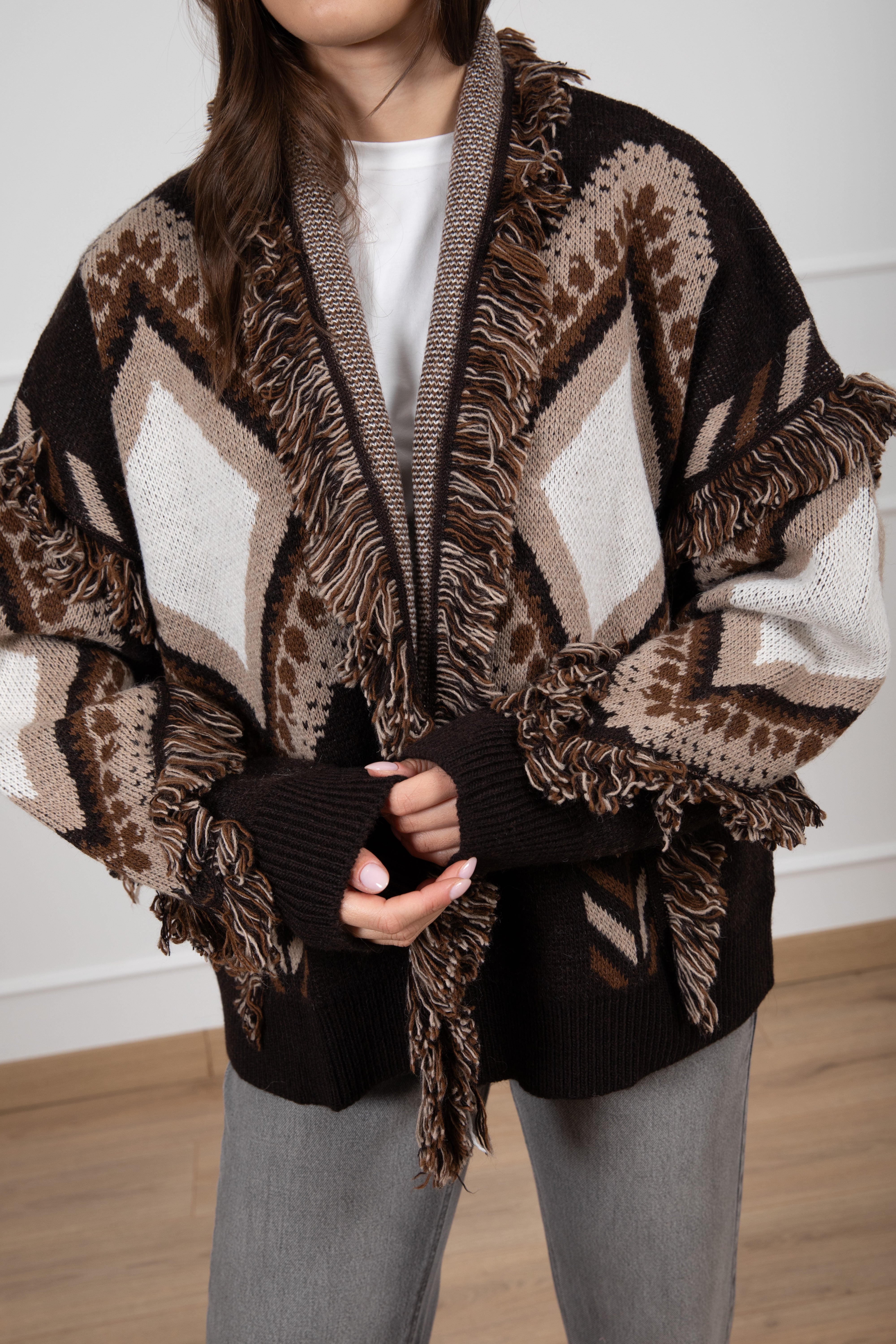 Cardigan in maglia motivo rombi con frange Tensione IN