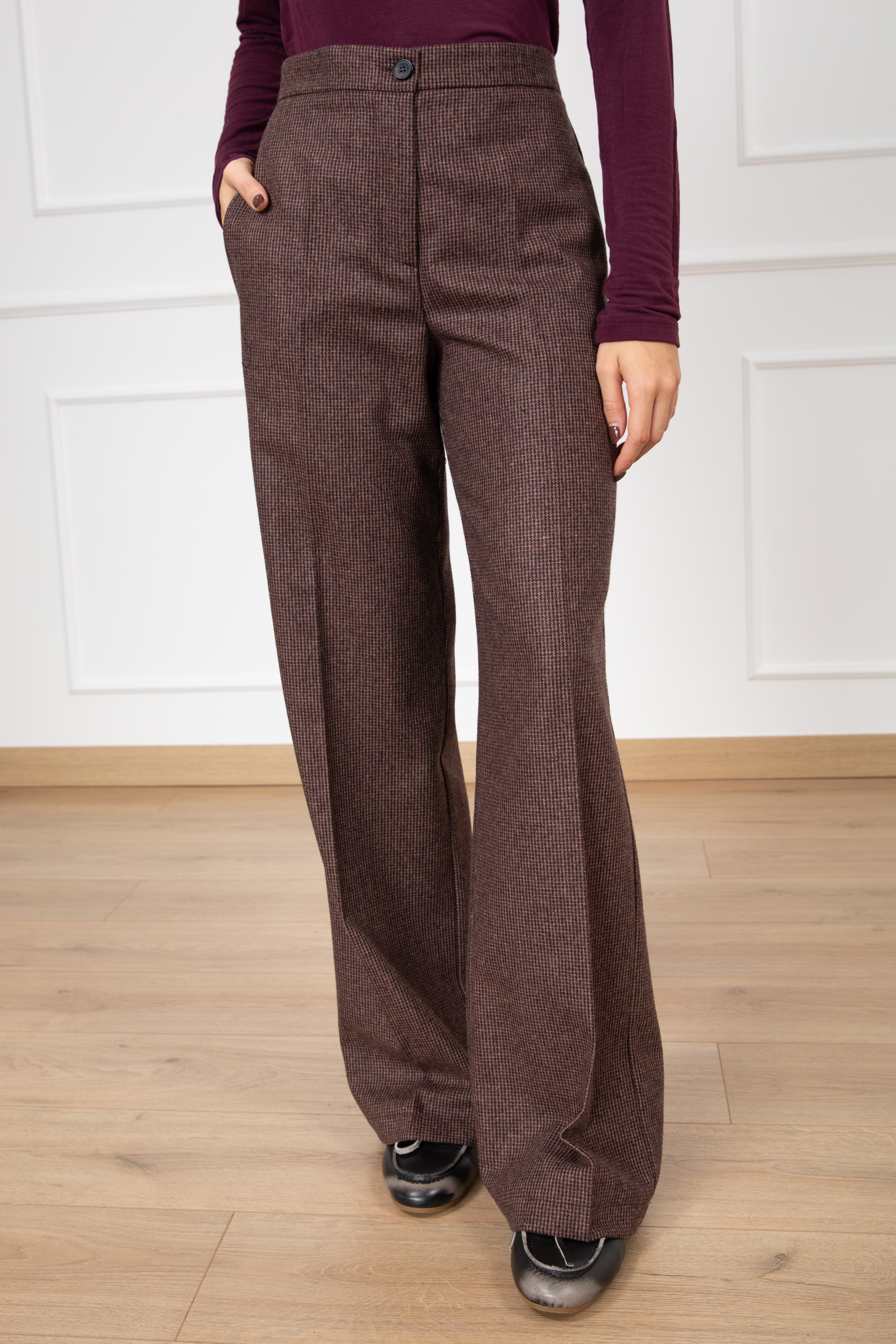 Pantalone gamba dritta micro pied de poule bordeaux ViCOLO