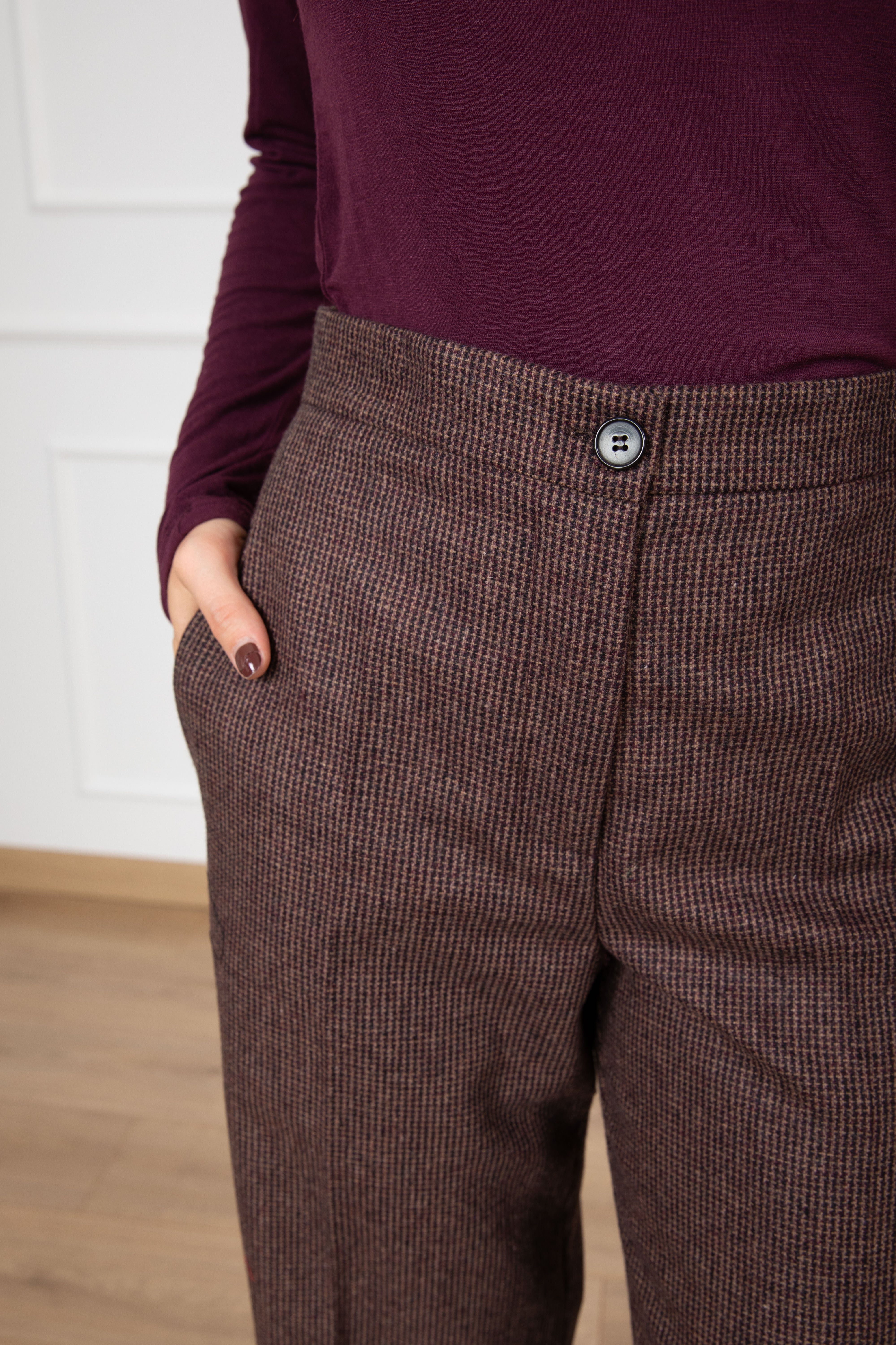 Pantalone gamba dritta micro pied de poule bordeaux ViCOLO