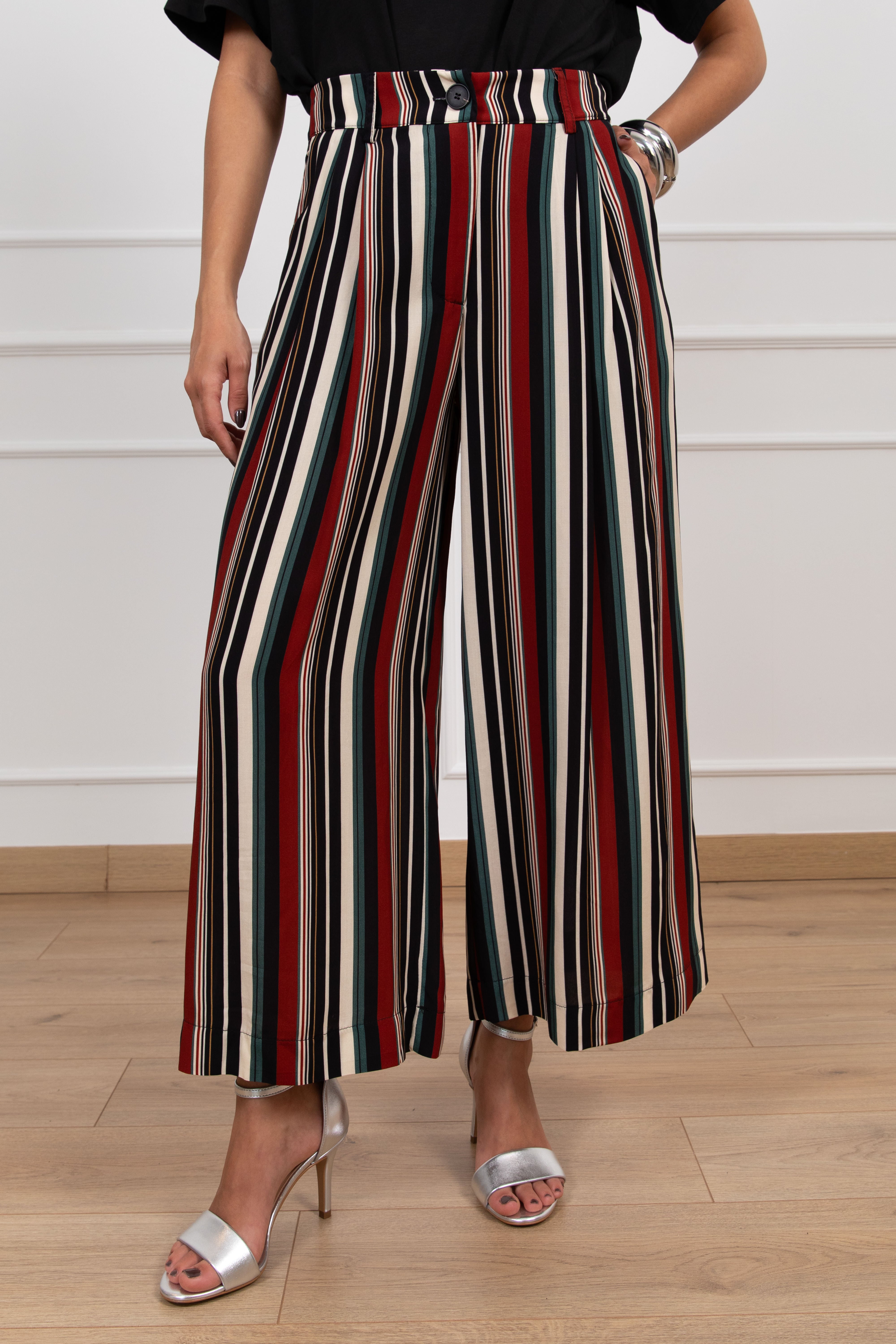 Pantalone gamba larga con pinces e righe multicolor Haveone