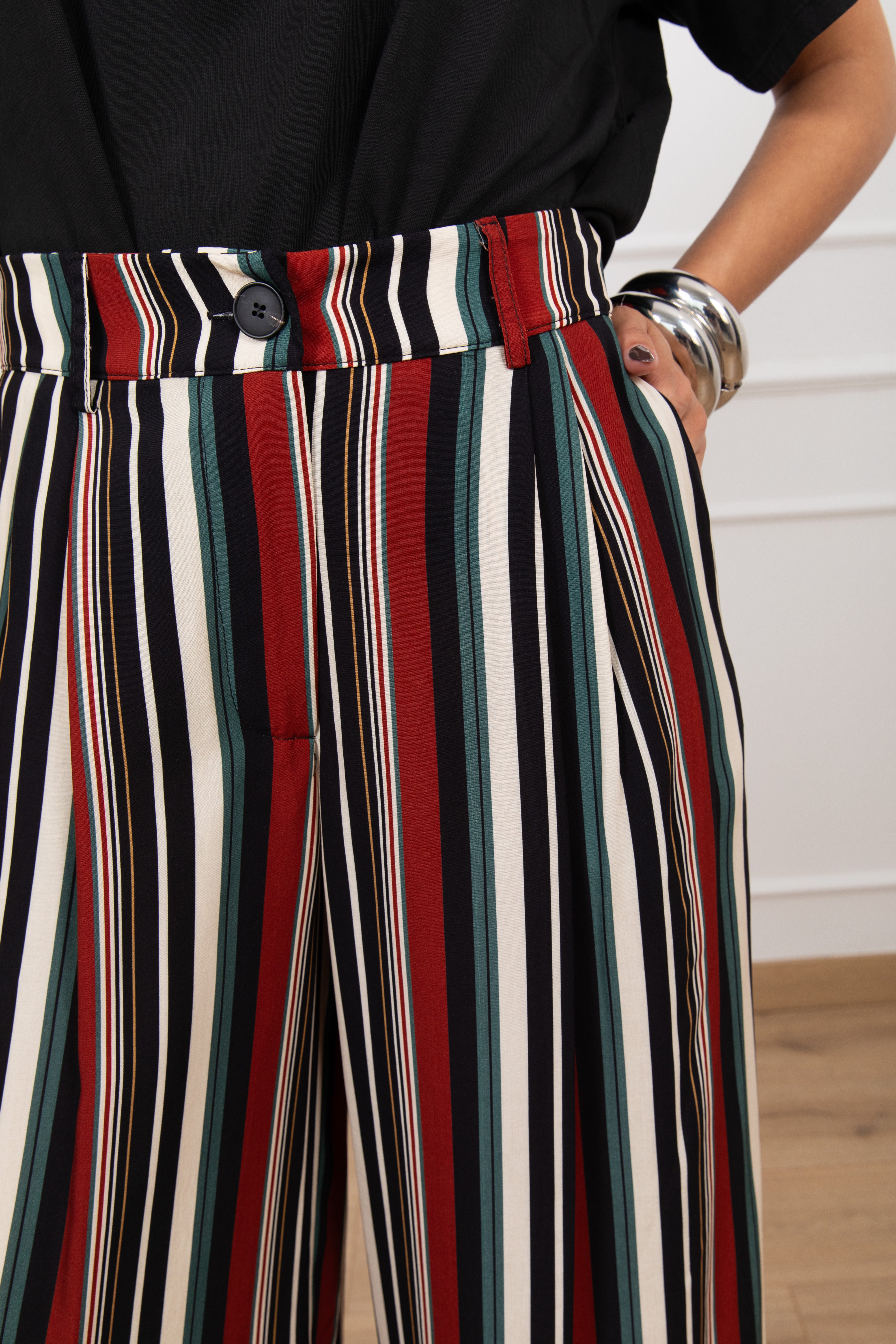 Pantalone gamba larga con pinces e righe multicolor Haveone