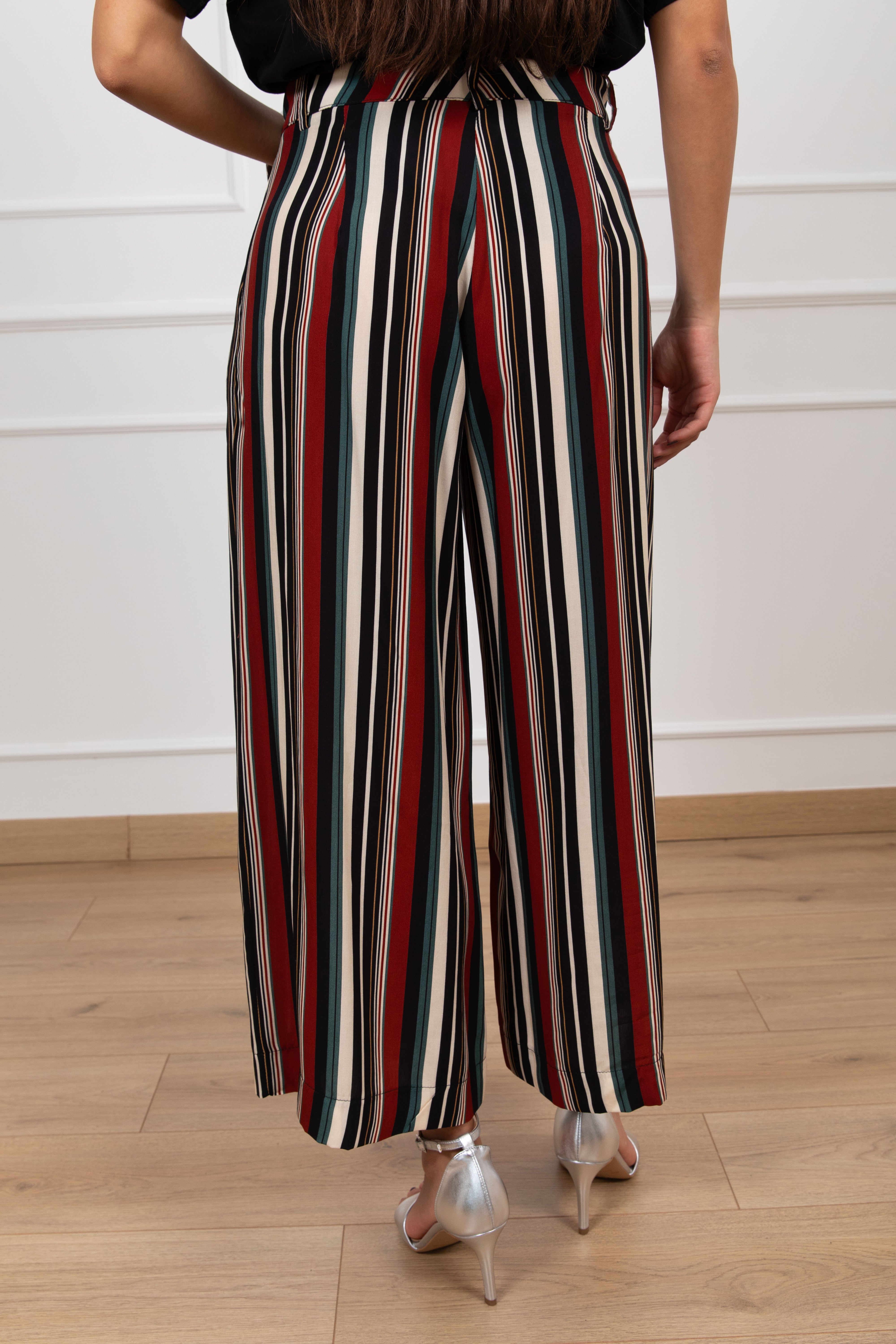Pantalone gamba larga con pinces e righe multicolor Haveone