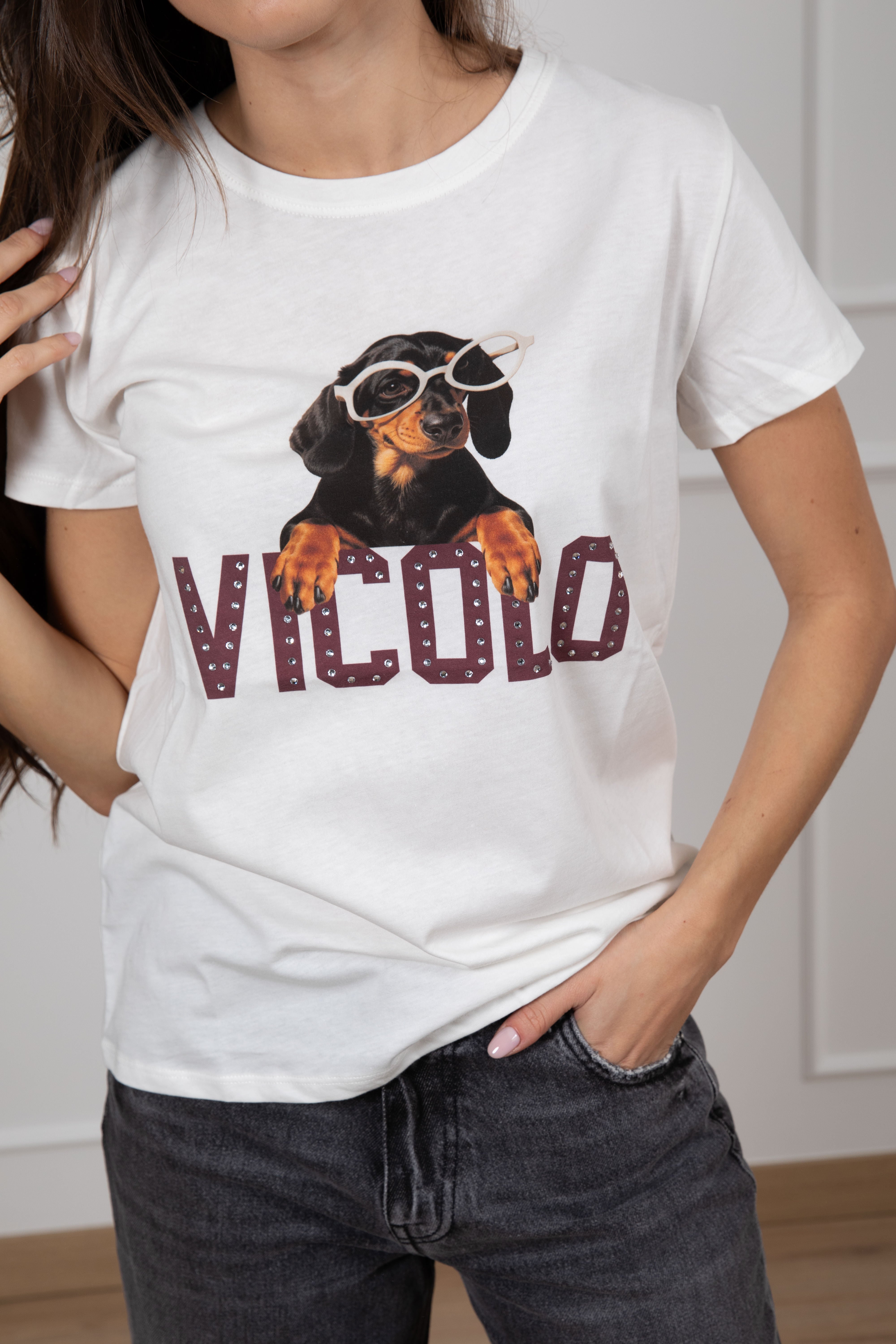 T-shirt bassotto con logo strass ViCOLO