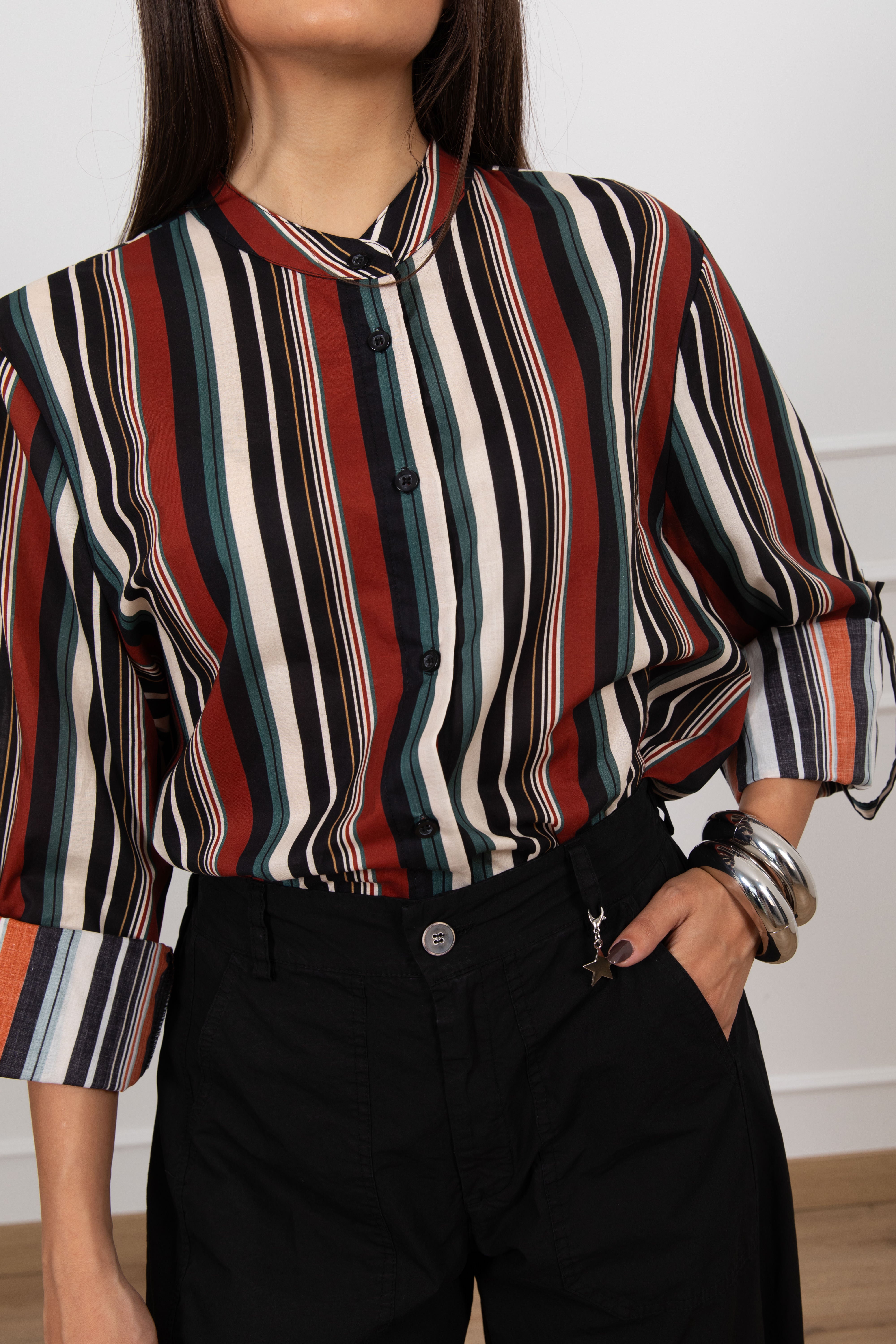 Camicia collo alla coreana con righe multicolor Haveone