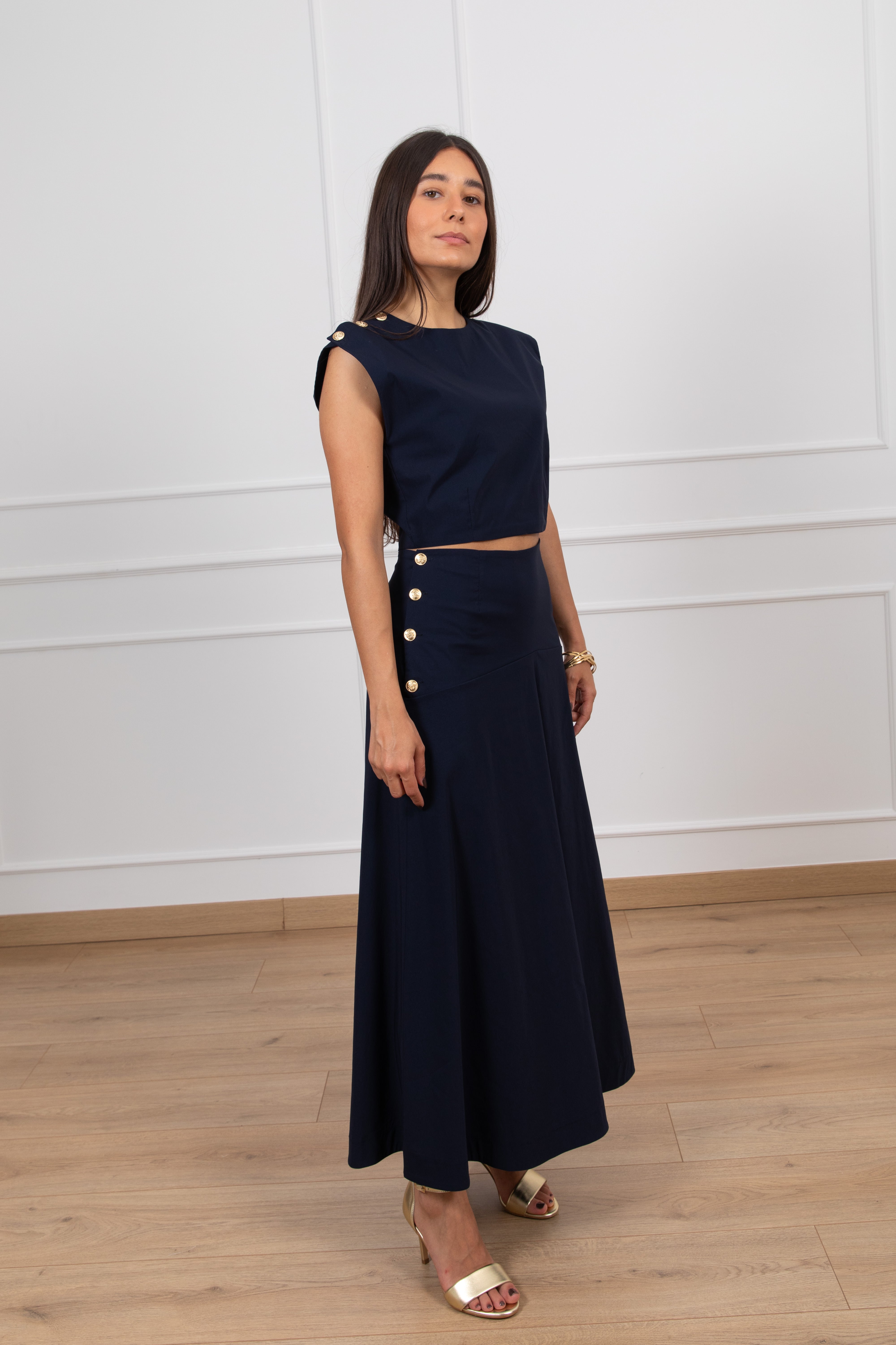Coordinato blusa e gonna ampia con bottoni oro Motel