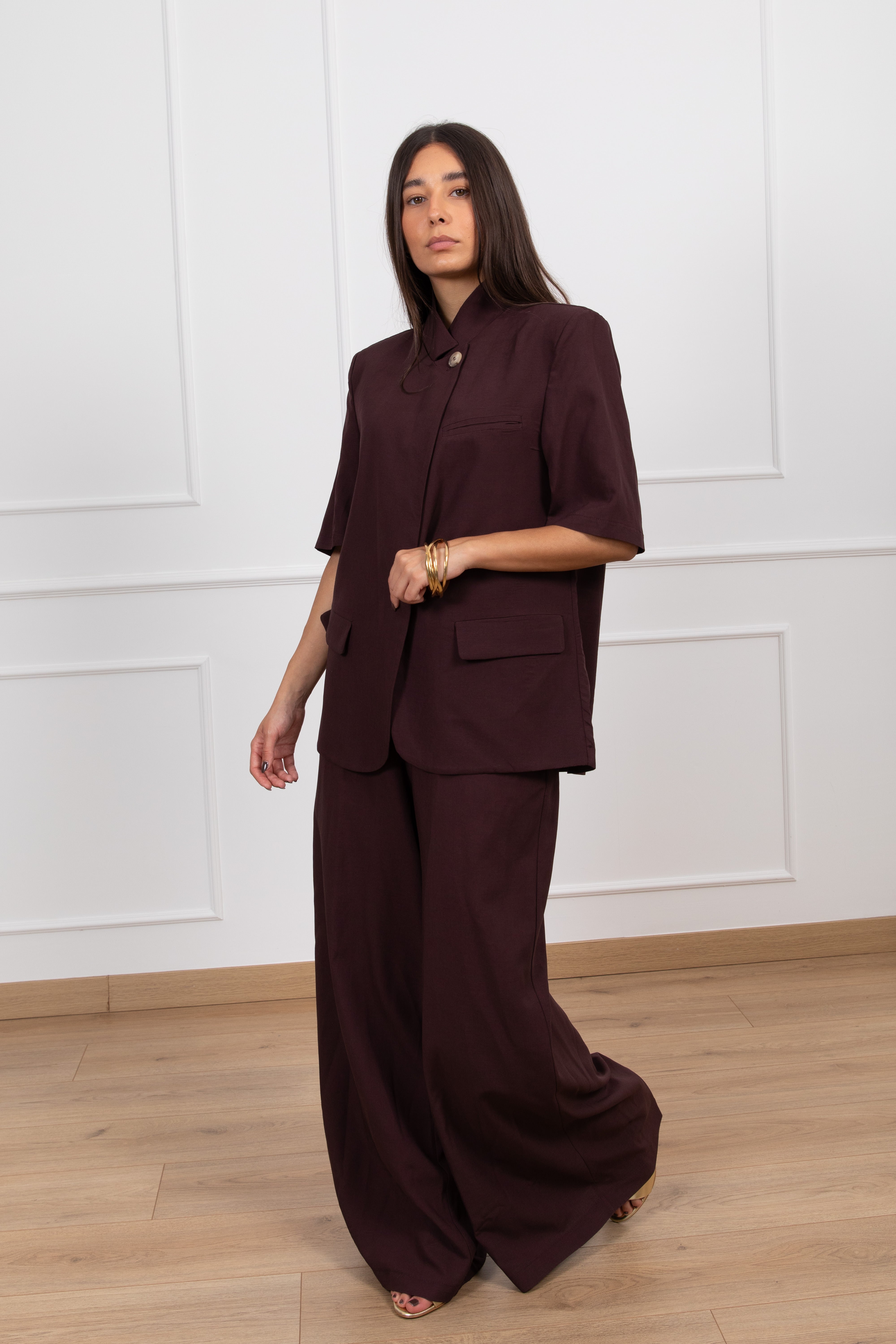 Pantalone a palazzo in lino e viscosa con elastico Susy Mix