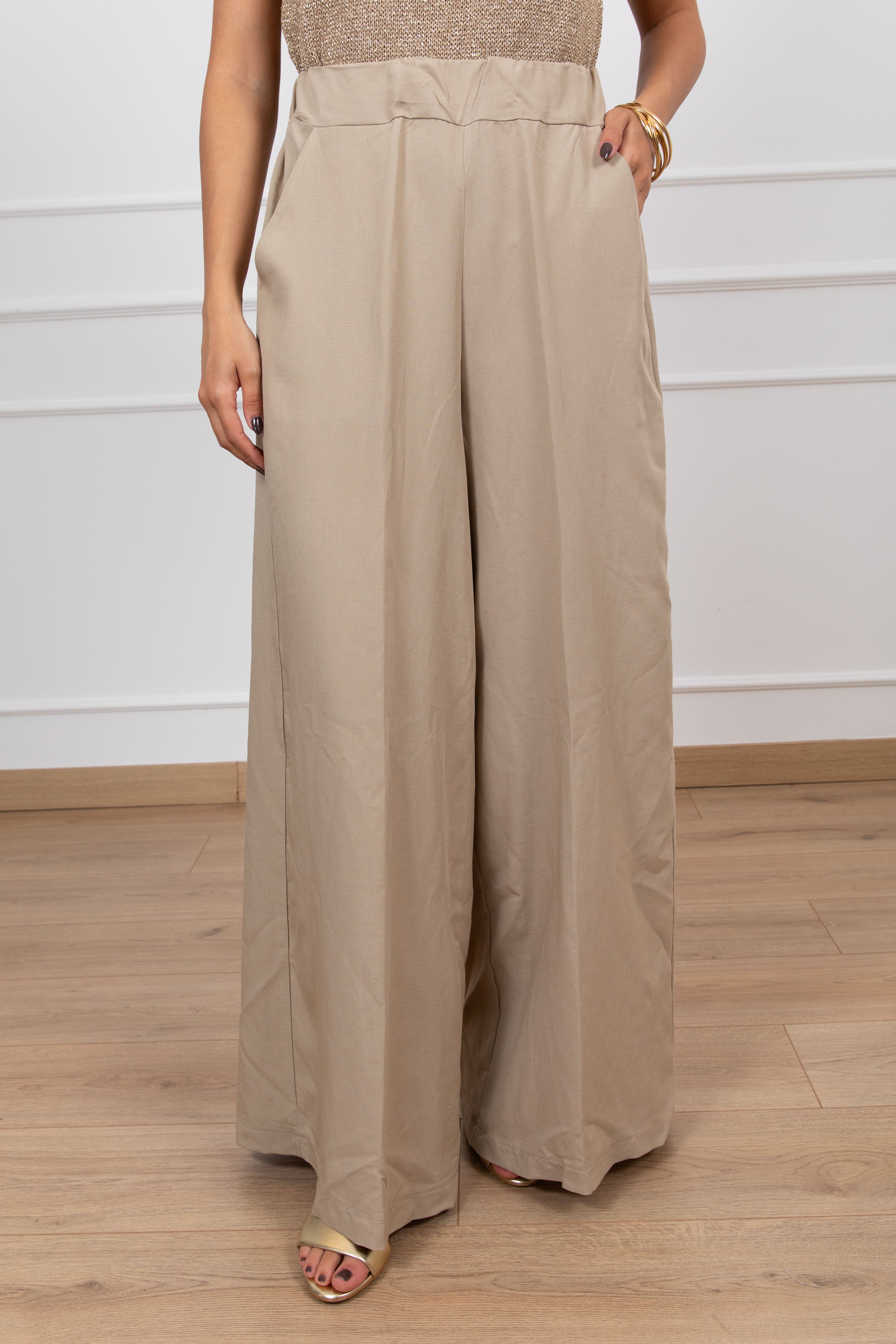 Pantalone a palazzo in lino e viscosa con elastico Susy Mix