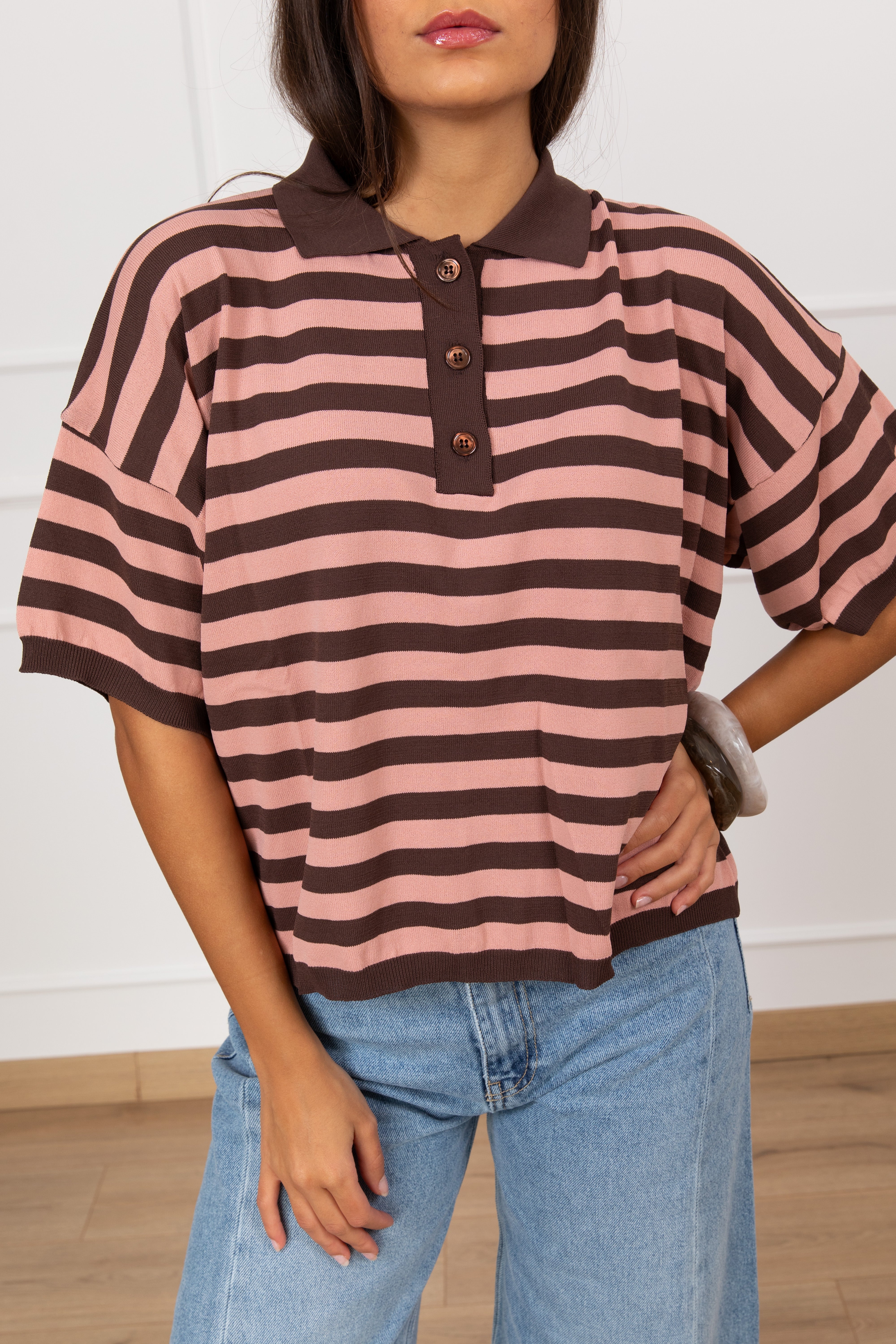 T-shirt a polo in viscosa a righe sottili ViCOLO