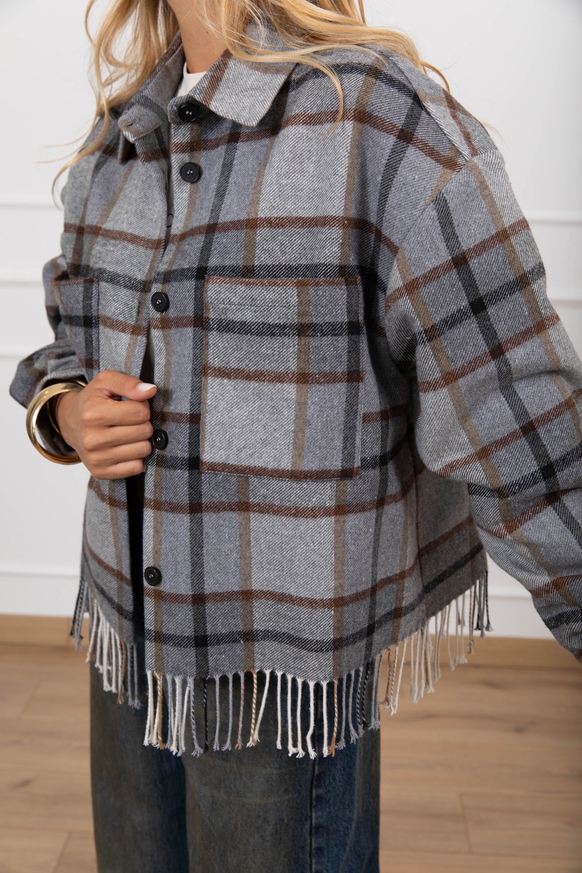 Camicia check in flanella con frange variante grigio/cammello ViCOLO