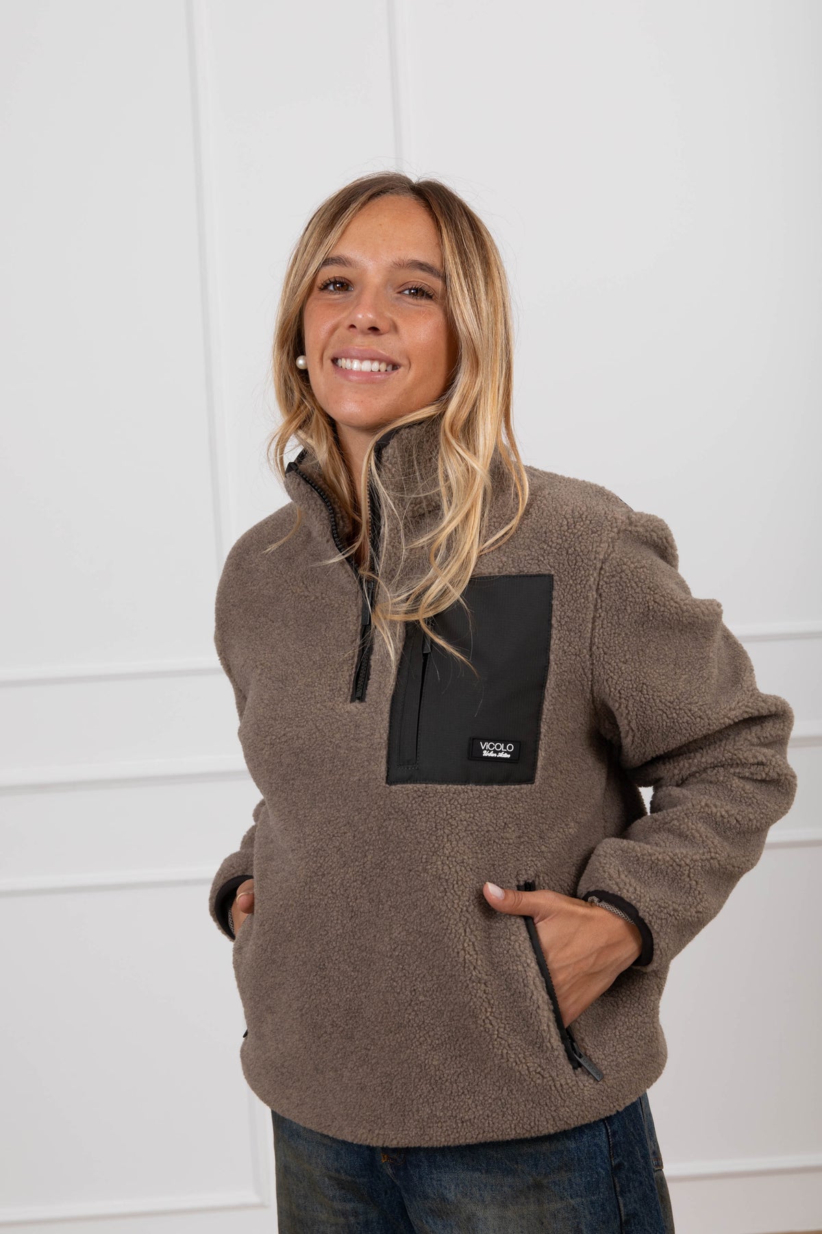 Giacca teddy mezza-zip variante tortora ViCOLO