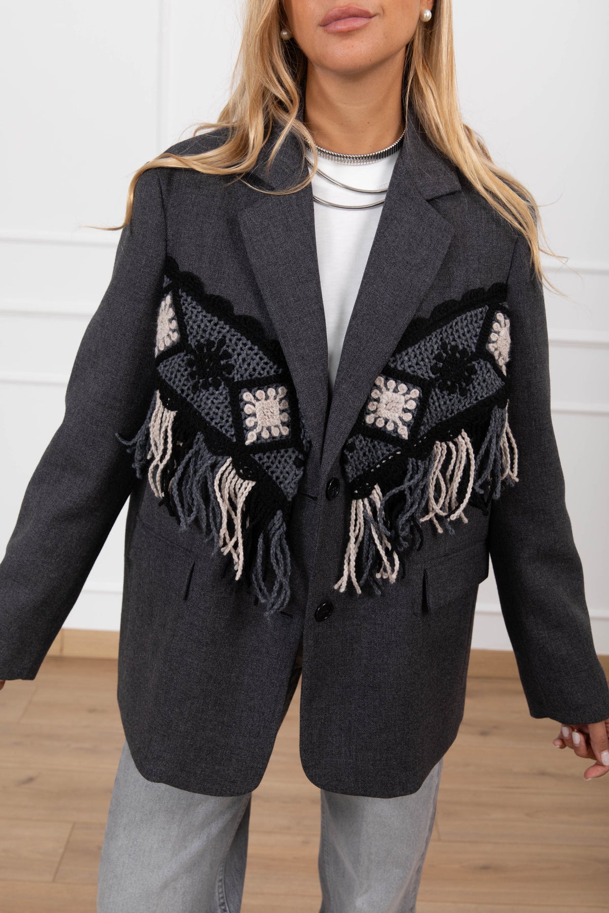 Giacca con inserto crochet e frange ViCOLO