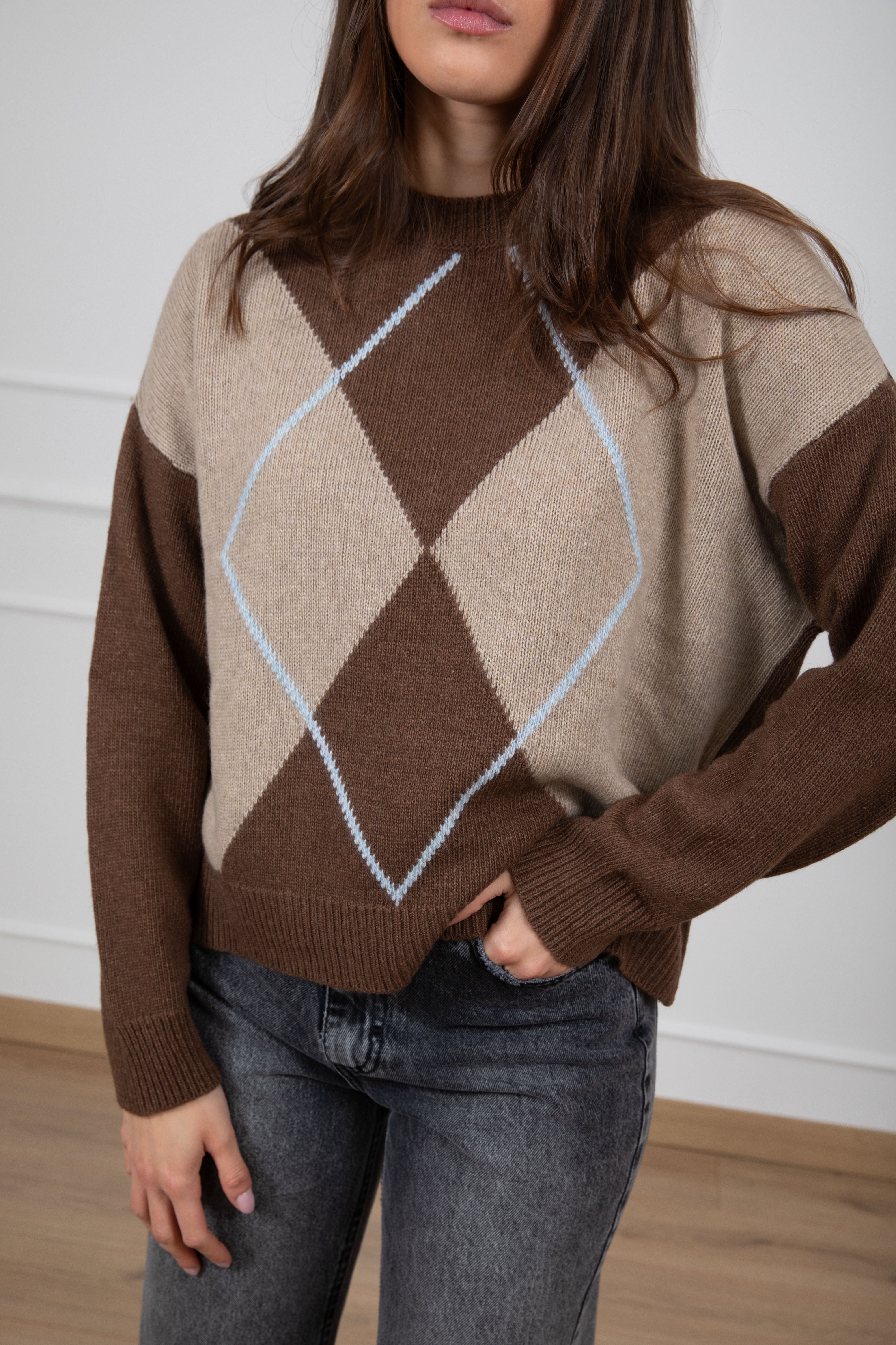 Pull girocollo con maxi rombo in lana e cashmere Susy Mix